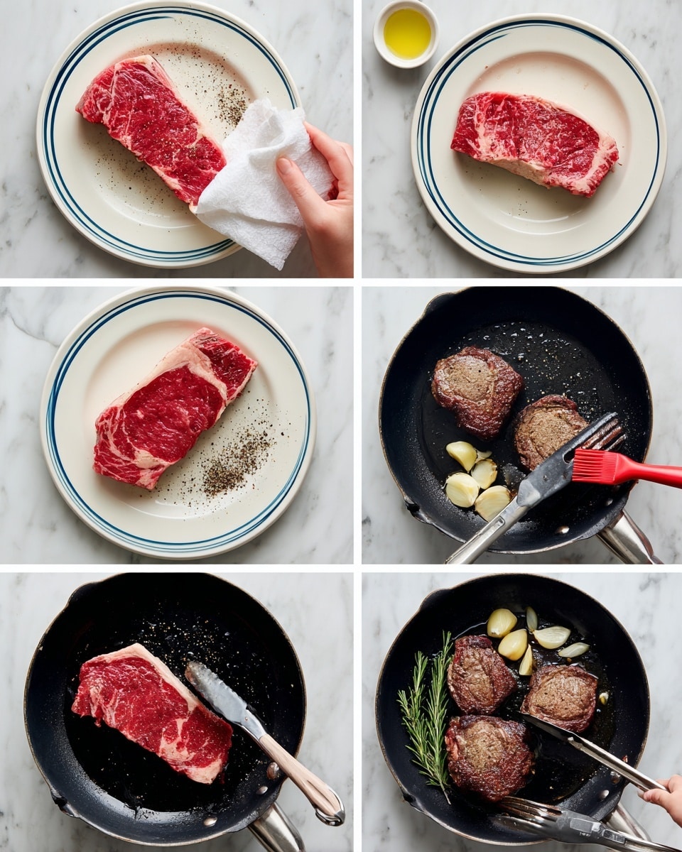 The image shows six steps of cooking two raw steaks. The first layer has two red raw steaks with white fat edges lying on a white plate with blue rings, and a woman's hand wiping one steak with a white paper towel. The second layer shows the same steaks now covered with black pepper and salt on the same white plate. The third layer shows a black frying pan being brushed with oil by a red silicone brush. The fourth layer has the two steaks placed in the black pan, with a black spatula near one steak. The fifth layer shows two steaks being flipped using black tongs, with steam rising from the pan. The last layer shows the steaks cooked to a brown color with garlic cloves and a sprig of rosemary in the black pan while a silver spoon is drizzling sauce over them, all on a white marbled surface. Photo taken with an iphone --ar 4:5 --v 7