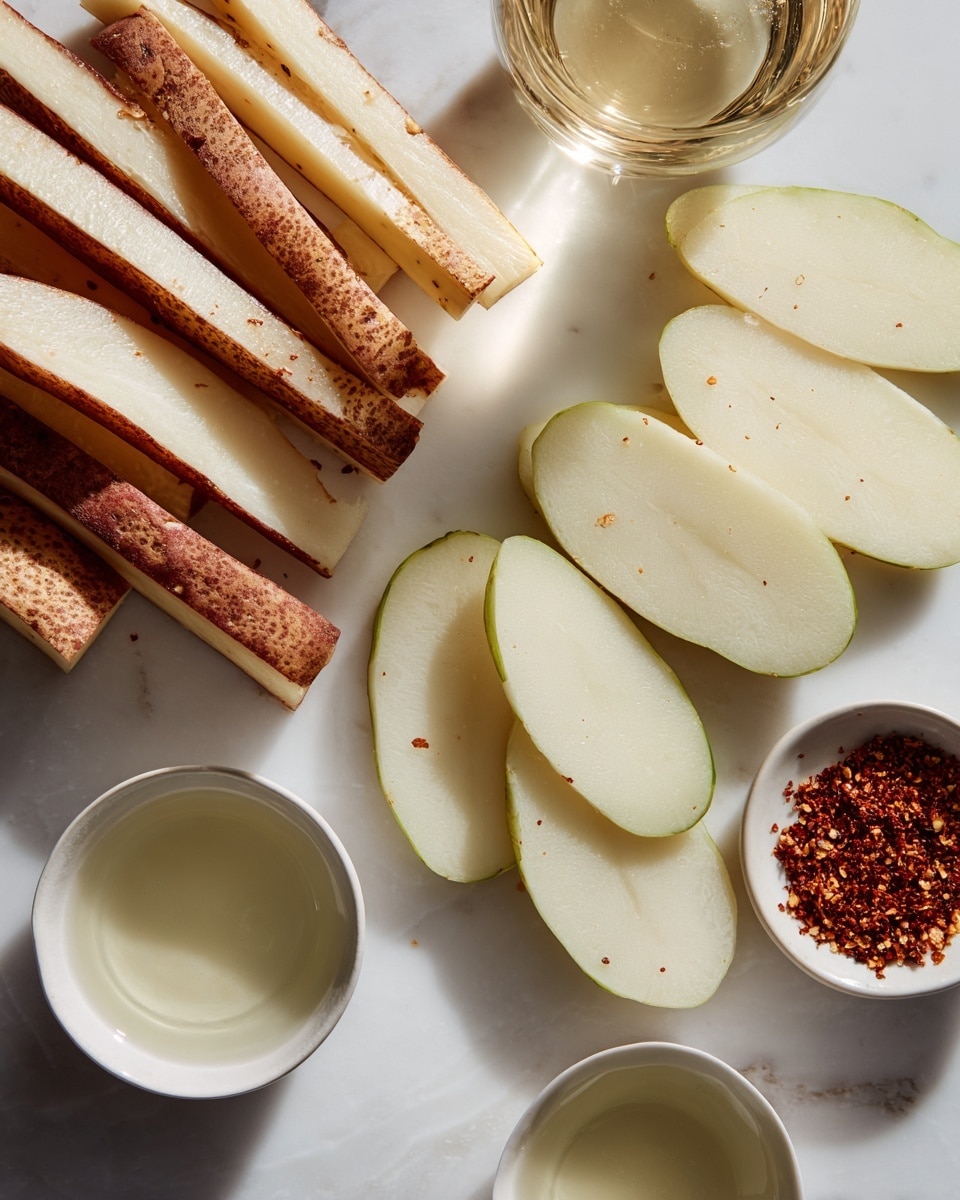 The image shows a white marbled surface with sliced potatoes arranged in two groups. On the left side, there are thick potato sticks with brown skin on the edges, neatly lined up. On the right side, three thin, rounded potato slices show smooth cream-colored insides with light greenish-brown skin around the edges. Two small white bowls sit beside the potatoes; the bowl on the bottom left holds a clear liquid, and the bowl on the top right contains a reddish-brown spice mix. The lighting is bright and natural, giving the ingredients a fresh look photo taken with an iphone --ar 4:5 --v 7