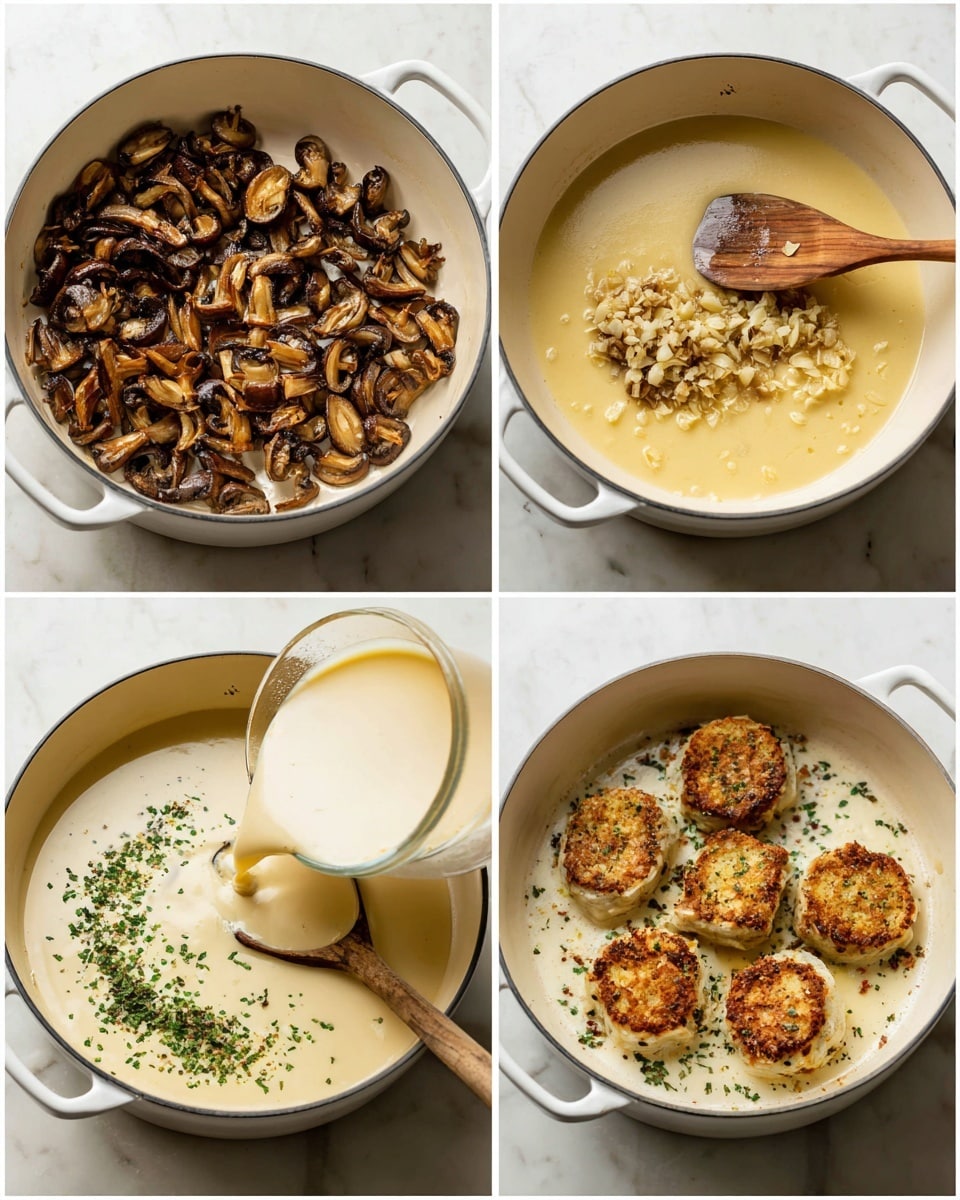 A cooking collage shows six close-up steps in a white saucepan: first, a layer of browned mushroom pieces with a golden-brown color and soft texture spread across the pan; second, the same mushrooms with a small pile of chopped garlic added in the upper right center; third, a wooden spoon stirring the mushrooms and garlic in the pan with dark browned bits on the bottom; fourth, light yellow liquid broth being poured over the mushrooms filling the pan halfway; fifth, cream being poured into the pan while a wooden spoon stirs in the mixture; sixth, four golden-browned cooked fillets, topped with a sprinkle of fresh green chopped herbs, sitting in the creamy mushroom sauce. The background surface is white marbled photo taken with an iphone --ar 4:5 --v 7
