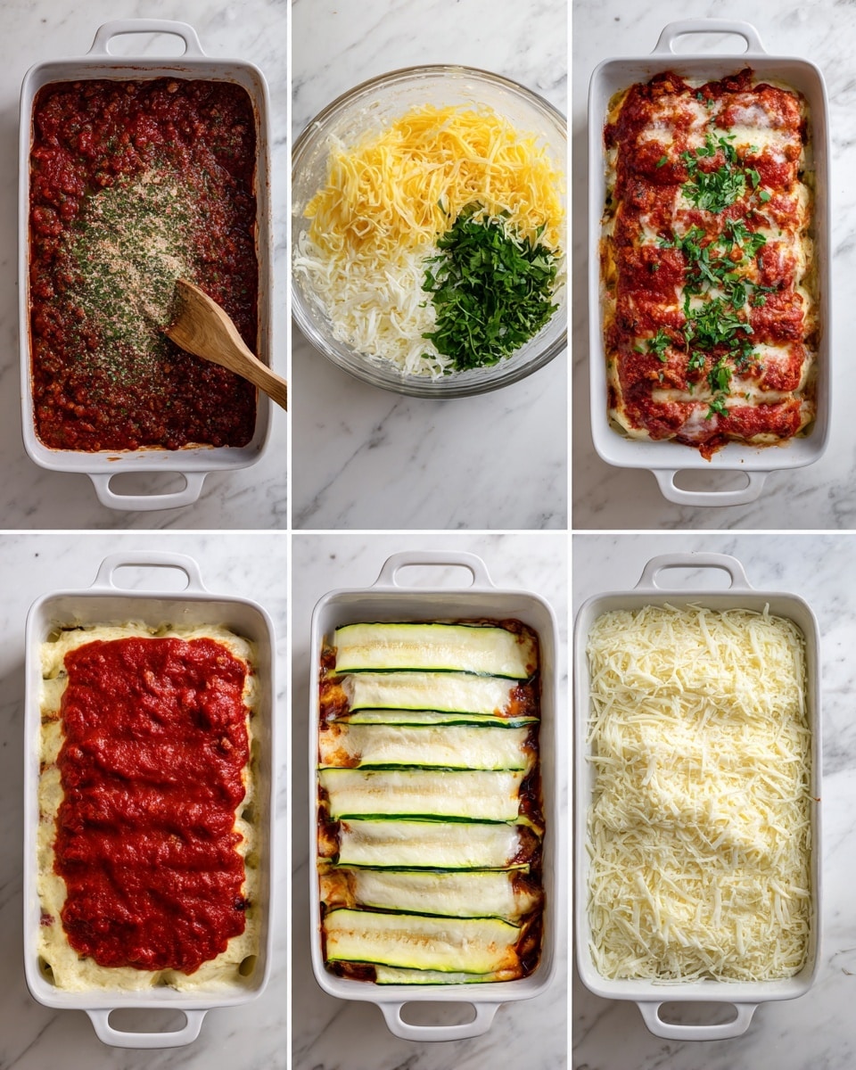 The image shows six steps of making a layered dish in a white rectangular baking dish on a white marbled surface. The first layer is a deep red meat sauce with finely chopped herbs mixed on top, visible in a silver pan with a wooden spatula. The second image shows a glass bowl with a mixture of creamy white cheese, shredded yellow cheese, a raw egg, and fresh chopped green herbs on top. The third shows the white baking dish with six large, flat, pale green grilled zucchini slices laid flat across the bottom in two rows. The fourth image adds a thick, red meat sauce layer spread over the zucchini slices. The fifth layer is a creamy white cheese mixture, spread evenly over the meat sauce in the dish. The final image shows the dish topped with another layer of shredded white cheese covering the surface. Photo taken with an iphone --ar 4:5 --v 7
