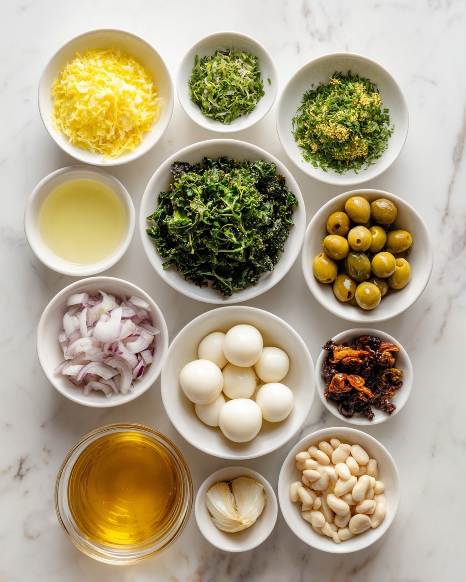 The image shows a top view of eleven small white bowls and one glass cup placed on a white marbled surface. Each bowl contains different ingredients: pale yellow minced garlic on the top left, bright yellow lemon zest next to it, finely chopped green herbs (parsley, chives, and dill) in a larger bowl in the top center, a small bowl of light beige liquid to the right, and small green olives sliced in a white bowl toward the top right. In the middle row, from left to right, there is a larger bowl filled with chopped dark green kale, a bowl of thinly sliced pale purple shallots, a small bowl with dark green capers, a larger bowl holding five smooth white mozzarella balls, and a bigger bowl filled with light beige beans. At the bottom left, there is a glass cup with a golden amber liquid, a bowl of light beige artichoke hearts next to it, and a small white bowl holding sun-dried tomatoes at the bottom center. The arrangement is neat, and every bowl's texture and color are distinct. photo taken with an iphone --ar 4:5 --v 7