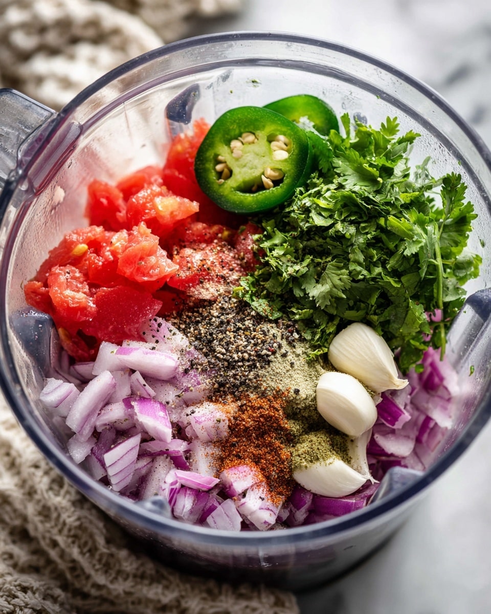 Inside a clear blender jar, there are many colorful ingredients layered together. The bottom layer is light purple chopped onion pieces scattered unevenly. On one side, there are two peeled white garlic cloves resting. Above and beside the garlic, bright red tomato pieces add vibrant color. A pile of bright green fresh cilantro leaves sits on top, alongside two large pieces of deep green jalapeño peppers, one with seeds showing. On top of the vegetables, there is a sprinkling of black and white mixed pepper and some light brown ground spices. The blender jar is placed on a white marbled surface with a textured towel nearby. Photo taken with an iphone --ar 4:5 --v 7