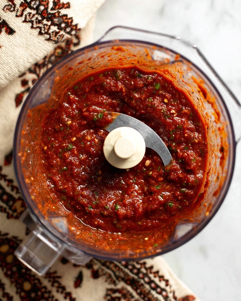 A close-up top view of a blender container filled with thick reddish-brown salsa with visible small green herb bits mixed evenly. The sharp blade is in the center, partially covered by the salsa which looks chunky and slightly oily. The container is clear with some salsa splashes on the sides. It sits on a white marbled surface with a cream and black patterned cloth partially visible beside it. Photo taken with an iphone --ar 4:5 --v 7