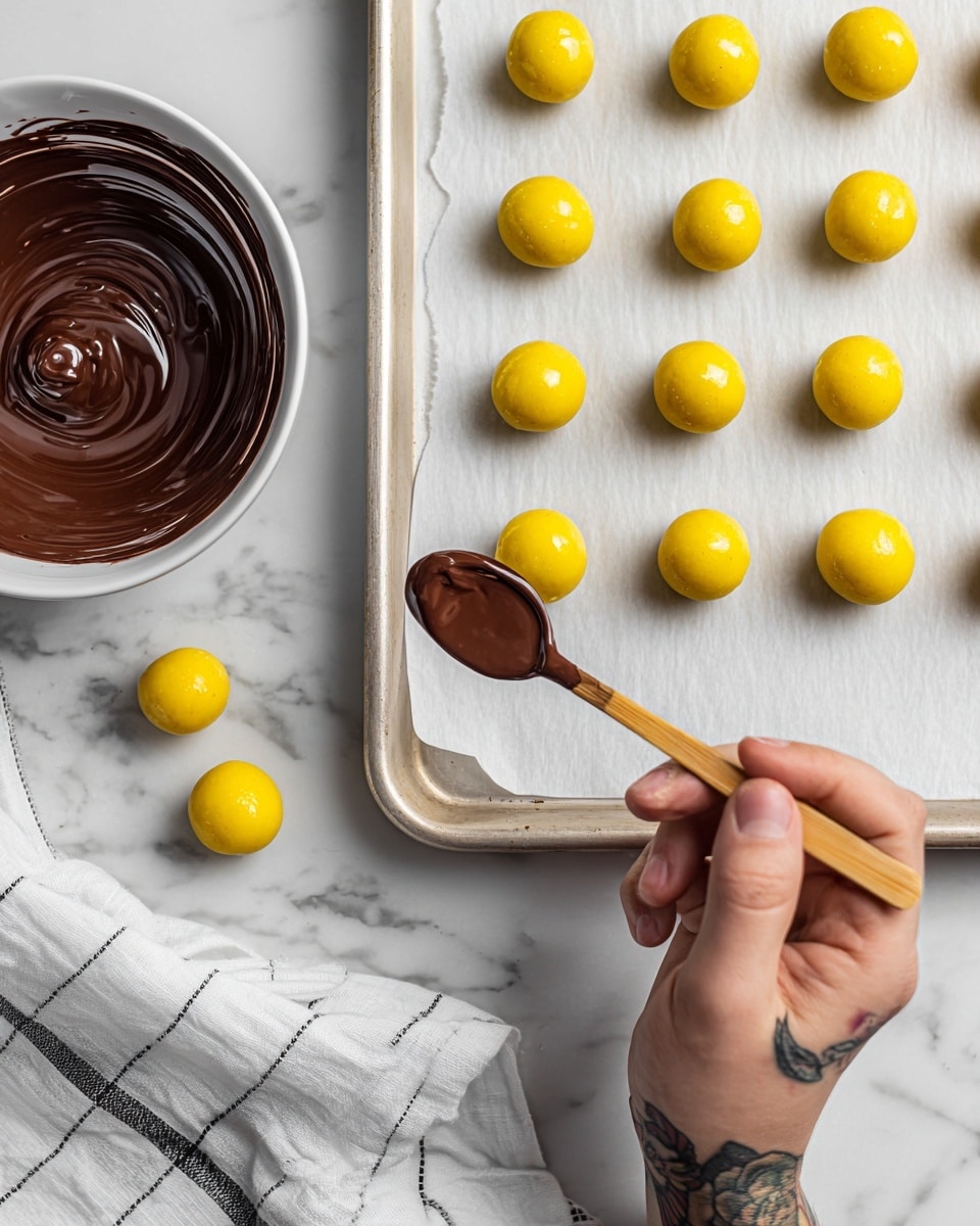 The image shows a close-up of a tattooed woman's hand holding a spoon covered with melted dark brown chocolate, about to dip yellow round dough balls on a white parchment-lined baking tray. The tray holds multiple yellow balls, some fully coated with smooth chocolate and others waiting. To the left, there is a white bowl filled with melted chocolate resting on a white and gray striped cloth. The background is a white marbled surface, giving a clean and bright look. Photo taken with an iphone --ar 4:5 --v 7