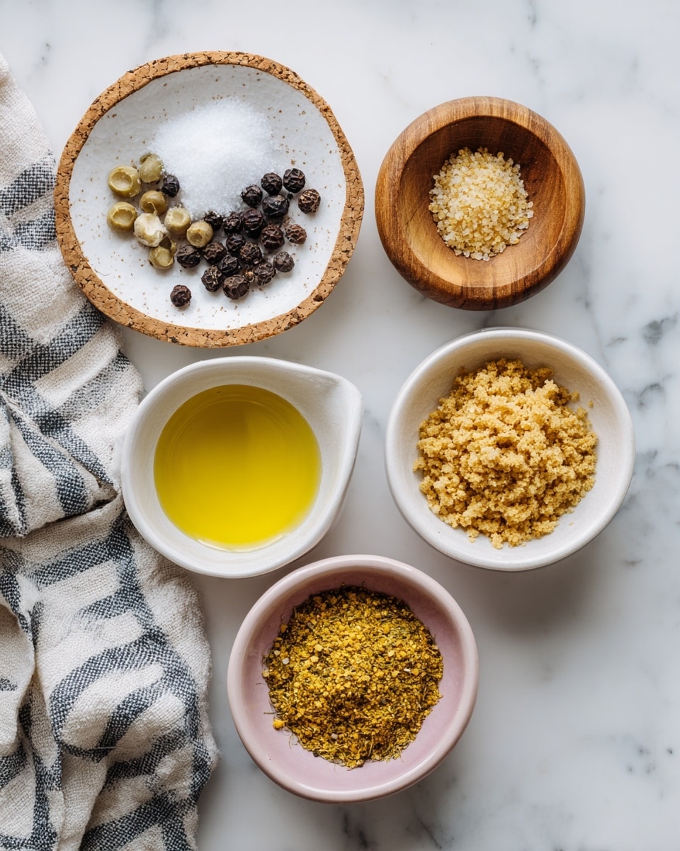 Five small bowls and one dish are arranged on a white marbled surface. From top left to bottom right, there is a white dish with a cork edge holding white powder and black pepper halves together, a wooden bowl with a small amount of light brown granules, a white bowl filled with light yellow coarse crumbs, a white bowl with golden yellow olive oil, and a pink bowl containing a coarse mustard-yellow mixture of spices. To the left of the bowls, a gray and white striped cloth rests partially folded. The photo is taken with an iphone --ar 4:5 --v 7