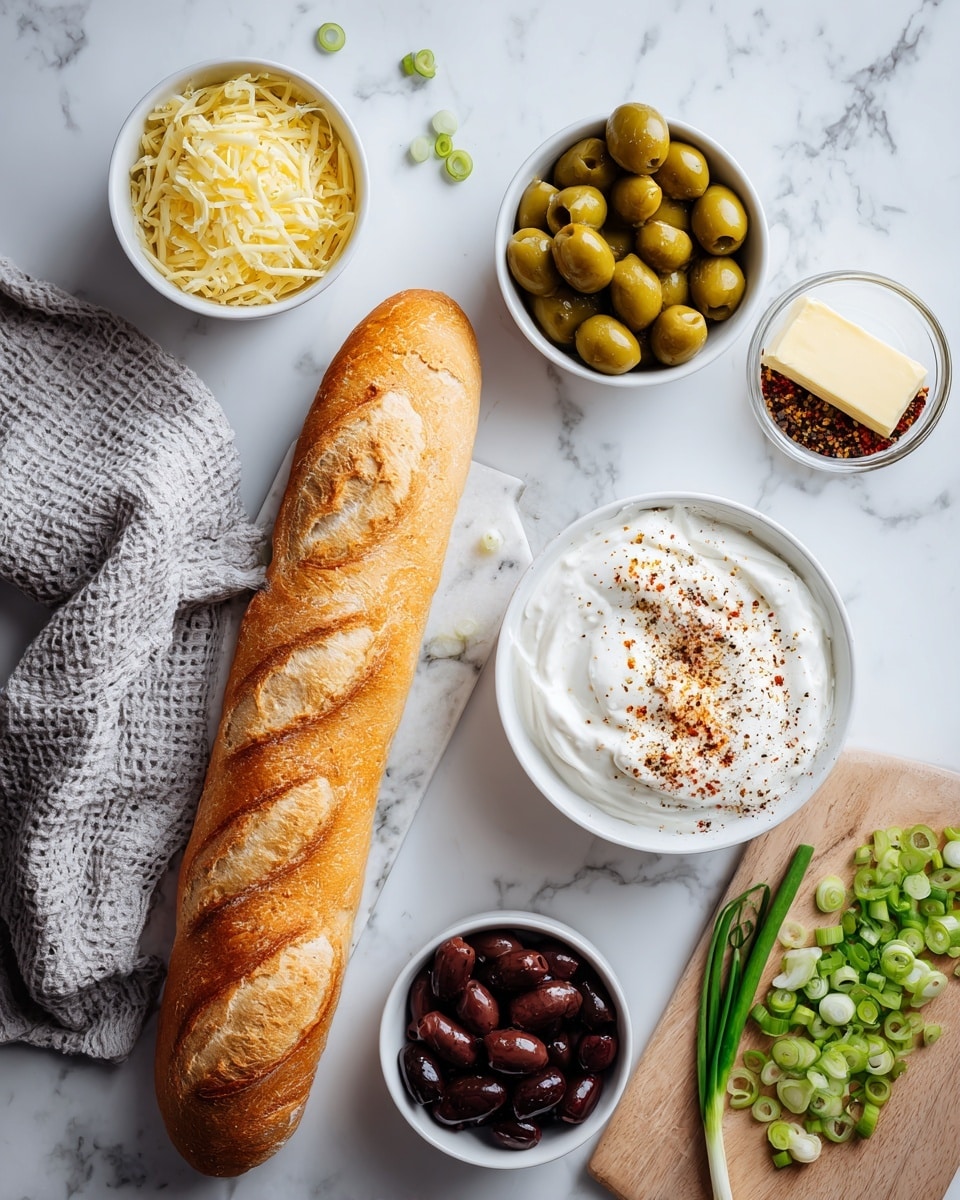 The image shows a long golden-brown baguette placed on the left side of a white marbled surface. Near the baguette, there are three white bowls arranged in a triangle: one bowl is filled with shredded pale yellow cheese, another holds green olives stuffed with red peppers, and the last bowl contains thick white cream with a sprinkle of black pepper and a small pile of brown spice on top. To the right, there is a light wooden cutting board with chopped green onions scattered on it, and next to it is a white bowl filled with black sliced olives. There is also a small clear bowl on the cutting board holding a stick of pale yellow butter. A gray textured cloth peeks in from the top left corner. The overall setting is clean and bright with a white marbled background. photo taken with an iphone --ar 4:5 --v 7