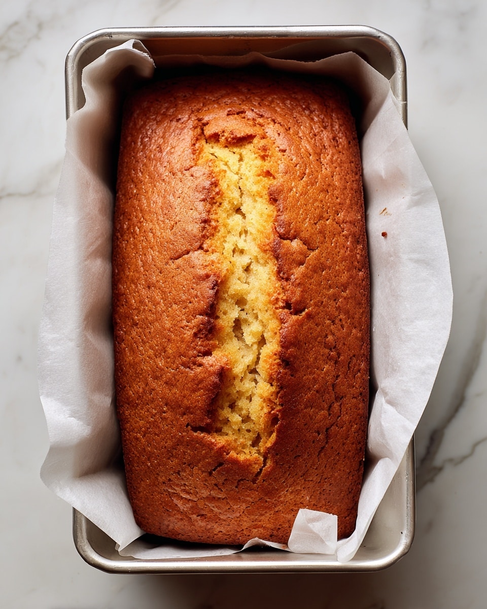 A single rectangular loaf with a golden brown crust sits in a silver metal baking pan lined with white parchment paper on both sides. The top of the loaf has a crack running roughly from the center to the bottom, revealing a moist, slightly lighter yellow inside. The texture of the crust looks slightly rough and firm, with small baked air pockets visible. The pan rests on a white marbled surface. photo taken with an iphone --ar 4:5 --v 7