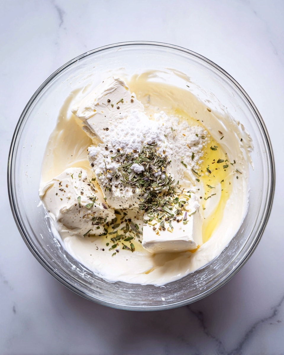 A clear glass bowl sits on a white marbled surface, filled with several layers of ingredients. The bottom layer is a creamy white base with a smooth texture. On top, there are two large blocks of soft white cream cheese, placed opposite each other. Scattered around and on these blocks are fine white flour, small green herb flakes, and a light sprinkle of black pepper forming a central spot. A light liquid, likely oil or milk, is seen pooling around the ingredients, blending slightly at the edges. The photo is clear and bright, showing the details of the ingredients and the bowl’s glass shine. photo taken with an iphone --ar 4:5 --v 7