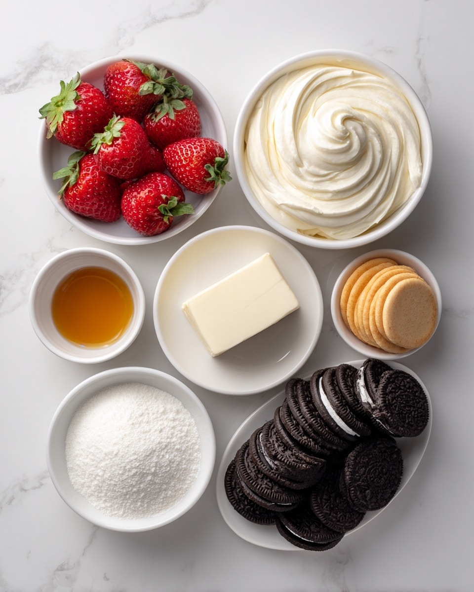 The image shows seven small white bowls and a small white plate arranged neatly on a white marbled surface. The small plate holds a block of cream cheese, smooth and pale in color. One bowl is filled with thick white cream that has swirls on the top. Another bowl contains bright red strawberries with green tops, packed tightly. Next to it, a tiny bowl holds a small amount of golden-brown liquid, possibly vanilla extract. Another bowl contains round orange vanilla wafers, stacked loosely. A separate bowl is filled with white powdered sugar with a soft texture. Finally, the white plate is filled with stacked black sandwich cookies with a cream center arranged in rows. The setup is clean and bright, with all the items photographed clearly from above. Photo taken with an iphone --ar 4:5 --v 7