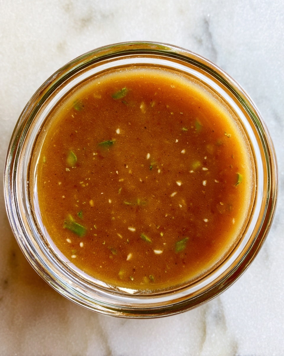 A clear glass bowl holds a light brown sauce with small green and white specks mixed throughout, the sauce has a smooth but slightly grainy texture. The bowl is centered and viewed from above, resting on a table with a white marbled texture. The lighting highlights the sauce's glossy surface and the subtle herbs or spices in it. photo taken with an iphone --ar 4:5 --v 7