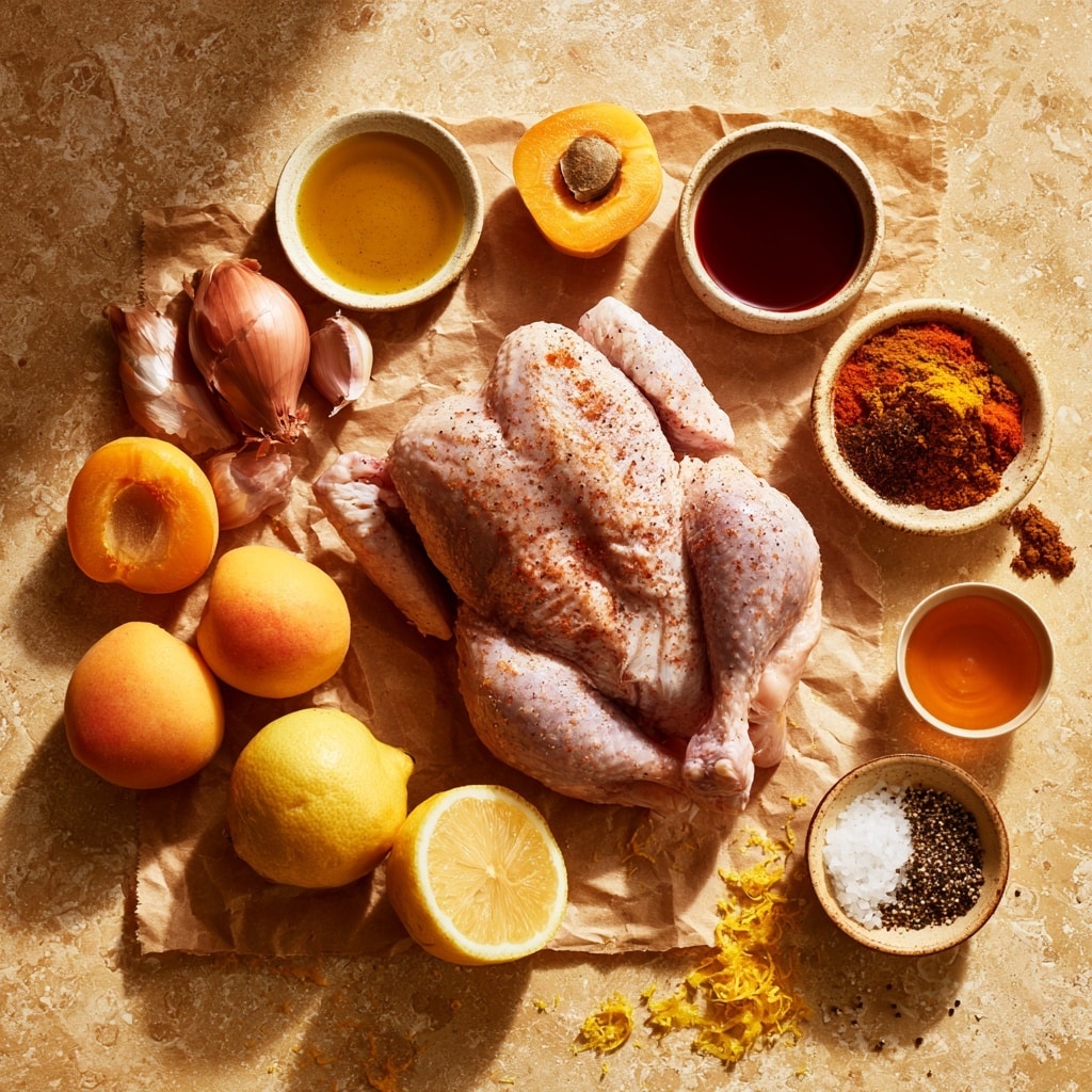 The image shows a round metal pan filled with bright orange apricot halves glistening with a shiny sauce, mixed with soft, light purple shallot wedges. The apricots and shallots are placed in the pan with sauce pooling at the bottom, giving a moist look. To the right on white parchment paper, there is a piece of dark brown roasted meat with a caramelized surface, next to more apricot halves and fresh green herb leaves scattered around. A vintage silver fork and a knife with a wooden handle rest on the edge of the parchment paper over a white marbled texture surface. photo taken with an iphone --ar 4:5 --v 7