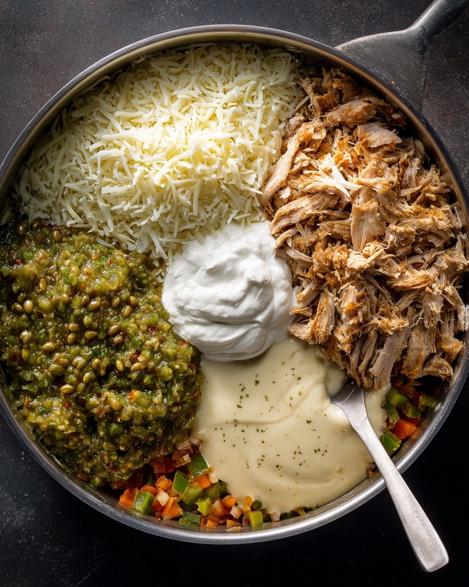 A large silver pan sits on a dark surface, filled with several ingredients separated into layers. On the bottom left, there is a chunky green salsa with visible seeds, while next to it on the right is a creamy, pale yellow sauce with a thick texture. Above the sauces, finely shredded white cheese is piled in the center of the pan. To the upper right, there is a portion of shredded light brown cooked meat, which looks seasoned. In the bottom center-left is a dollop of smooth white sour cream. The ingredients are resting on a bed of diced green and orange vegetables in the pan. A white spoon is placed on the right side inside the pan. photo taken with an iphone --ar 4:5 --v 7