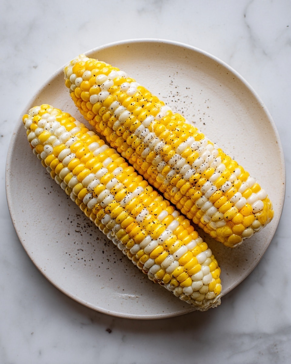 Two ears of corn with yellow and white kernels lie side by side on a plain white plate. The corn is sprinkled with black pepper and has a light shine from melted butter covering parts of the surface. The white plate rests on a white marbled surface, adding an elegant and clean background to the simple dish. Photo taken with an iphone --ar 4:5 --v 7