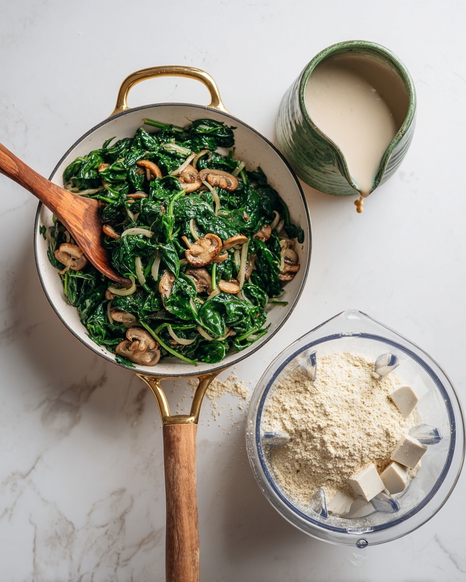The image shows two scenes side by side on a white marbled surface. On the left is a white pan with golden handles, filled with cooked dark green spinach, light brown cooked onions, and small pieces of brown mushrooms, all mixed and glistening slightly; a wooden spoon rests inside the pan. On the right is a clear blender pitcher containing pale chunks of tofu and white and yellow powders, with a light beige liquid being poured in from a small green ceramic cup above. Photo taken with an iphone --ar 4:5 --v 7