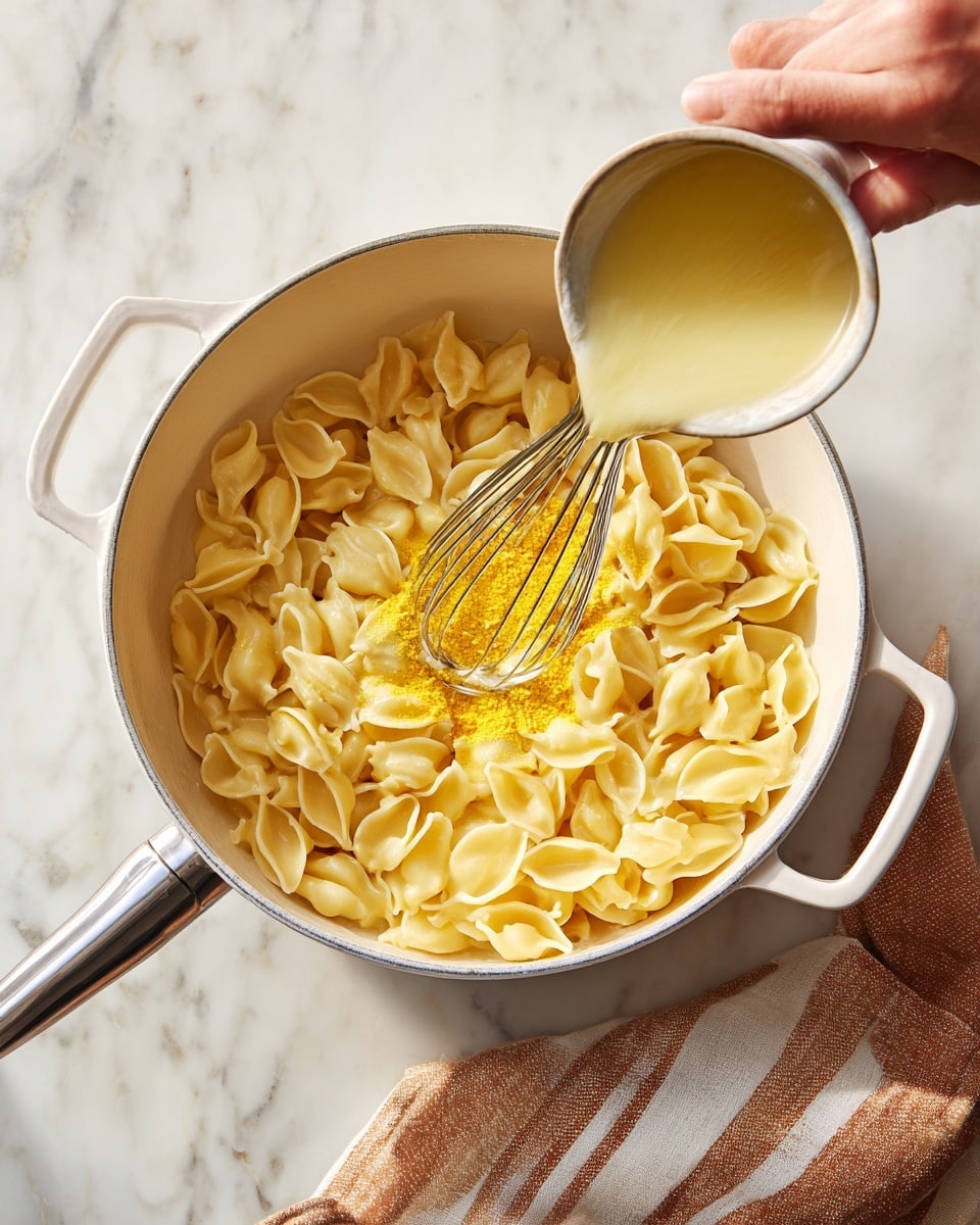 The first image shows a close-up of a woman's hand pouring yellow powder into a large white pot with a metal whisk inside. The pot is on a white marbled surface. The second image has the same pot filled with large, pale yellow shell pasta sitting on a creamy light yellow sauce, also on the white marbled surface with a brown and white kitchen towel beside it. Photo taken with an iphone --ar 4:5 --v 7