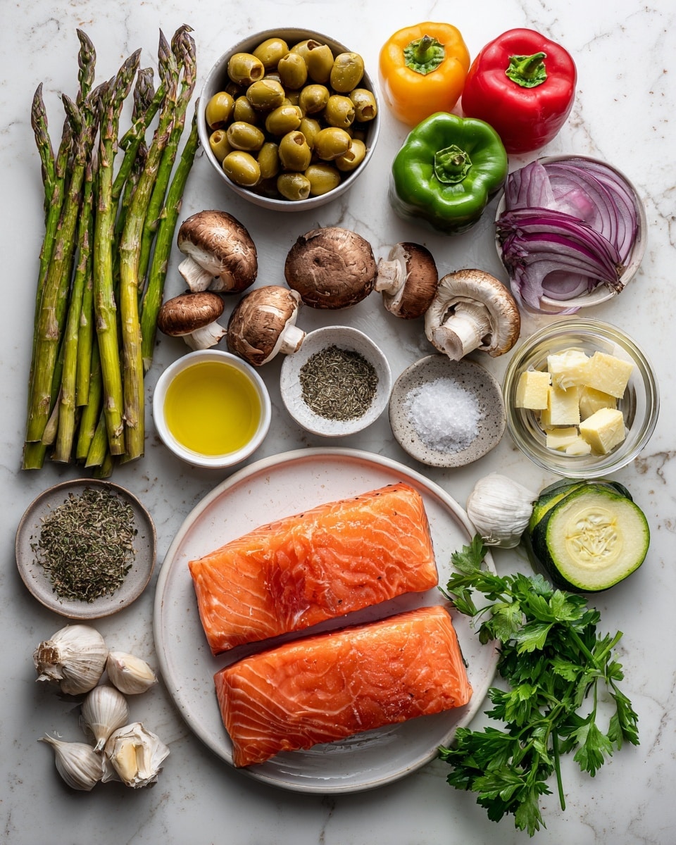 A baking tray lined with parchment paper is filled with fresh ingredients arranged in neat horizontal layers. At the top, bright green asparagus stalks lay side by side, followed by chopped red bell pepper pieces on the right. Below them, two salmon fillets with a light pink color are placed centrally. To the right of the salmon, there are green bell pepper chunks. Underneath the salmon, green zucchini slices are arranged next to a pile of thinly sliced red onions, positioned at the bottom left corner. Along the bottom edge, thick white portobello mushroom slices with dark edges form the last layer. The tray rests on a white marbled surface with some fresh green herbs in the bottom left corner, and a white bowl filled with olives is partly visible near the bottom edge. photo taken with an iphone --ar 4:5 --v 7
