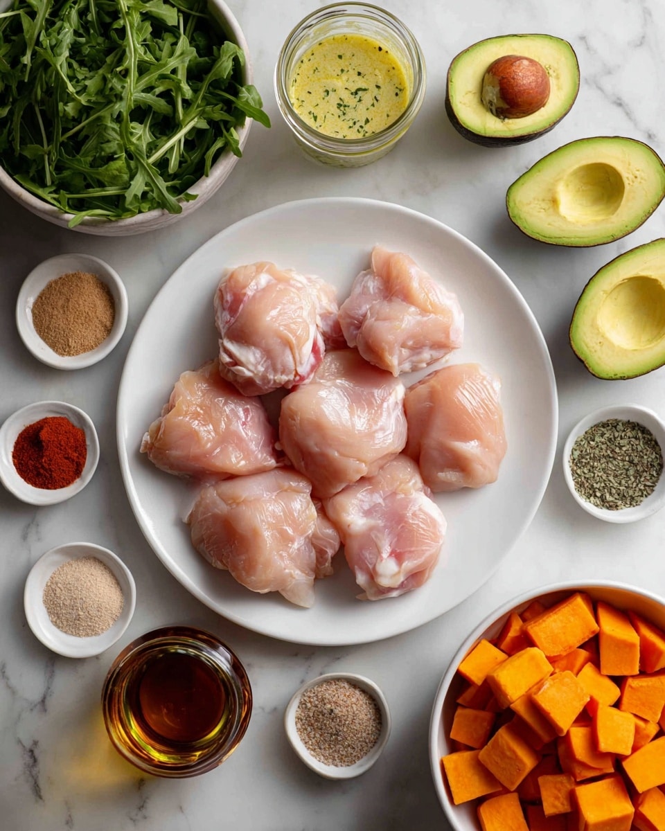 A round white plate sits in the center filled with seven raw, light pink chicken pieces with smooth texture. Surrounding the plate are small white bowls holding different spices in powders of red, beige, brown, and green, along with a small bowl of salt and pepper mix. To the right, a white bowl holds bright orange cubed sweet potatoes with skin on some pieces. At the top left, a white bowl contains fresh green arugula leaves that look crisp and leafy. Cut halves of avocado with smooth green flesh and brown pits are placed on the right side. There is a glass jar of light yellow creamy sauce with herbs on top and next to it, a glass jar with dark reddish-brown sauce and a spoon inside. A small glass container of golden oil is also placed near the bottom left. All items rest on a white marbled surface photo taken with an iphone --ar 4:5 --v 7
