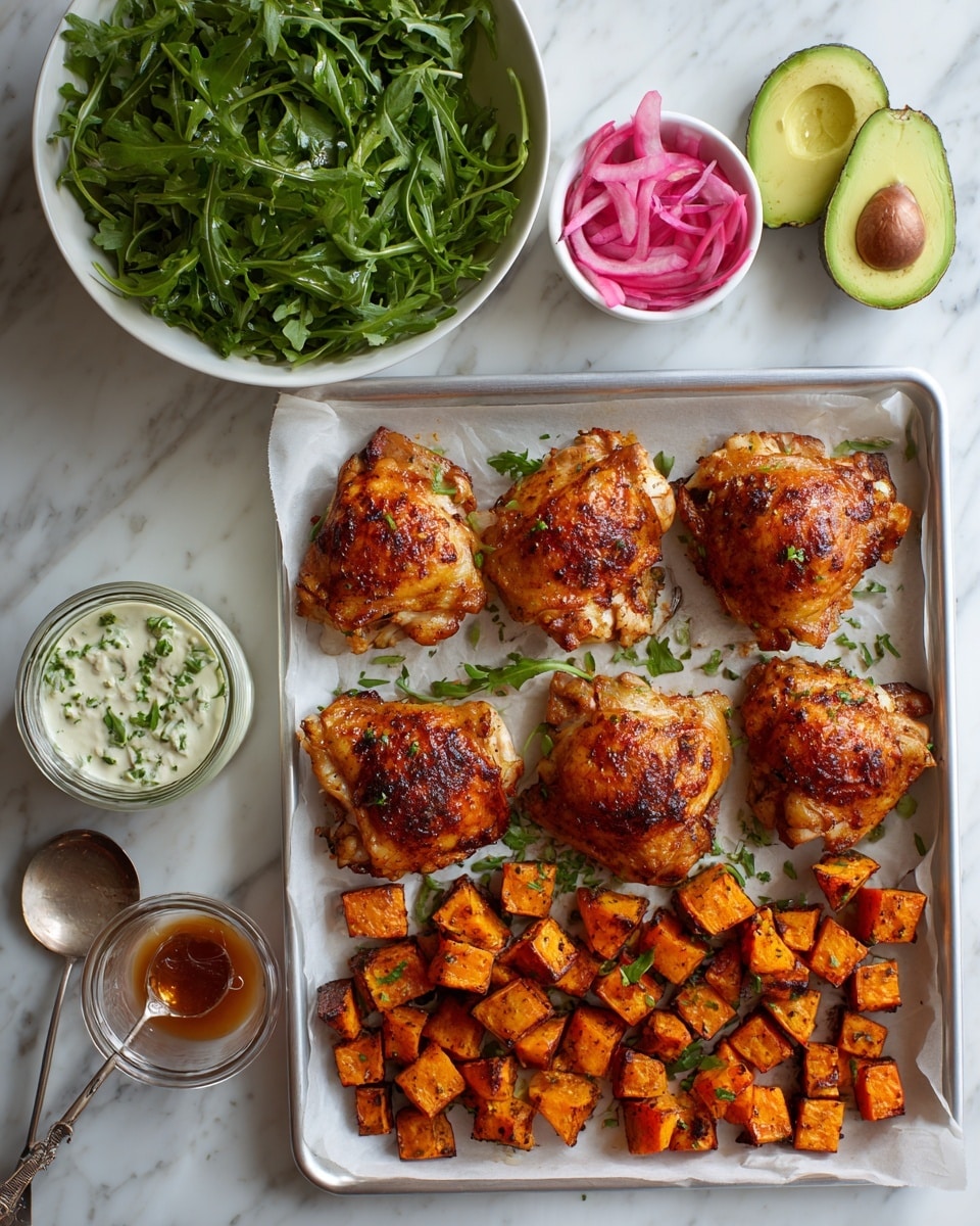 A white tray with a layer of white parchment paper holds seven cooked chicken thighs spread in the upper part, showing a shiny, slightly orange and seasoned texture. On the lower part of the tray, there are many golden-brown roasted sweet potato cubes with a slightly darker seasoning. Around the tray, a white bowl filled with fresh green arugula sits on the white marbled surface near the top left corner. Next to the arugula, a small glass jar with a creamy white sauce topped with green herbs. On the top right, there is a white bowl with bright pink pickled onions and half a green avocado next to it. At the bottom left corner, a small glass container with reddish-brown sauce and a silver spoon inside is placed on the same white marbled surface. photo taken with an iphone --ar 4:5 --v 7