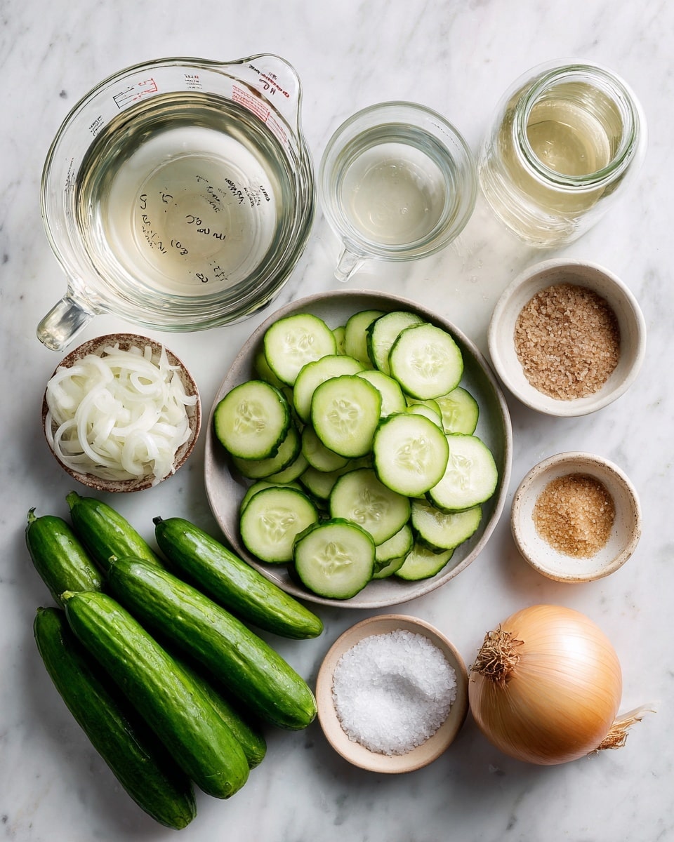 A tall clear glass jar filled with many thin, light green cucumber slices stacked closely together, showing some seeds and small dark green edges, soaking in a light liquid. A woman's hand is holding a few slices of white onion rings above the jar, ready to drop them inside. The jar is placed on a wooden board, and the background is a white marbled texture. Next to the jar, a white bowl with more cucumber slices is partially visible. photo taken with an iphone --ar 4:5 --v 7