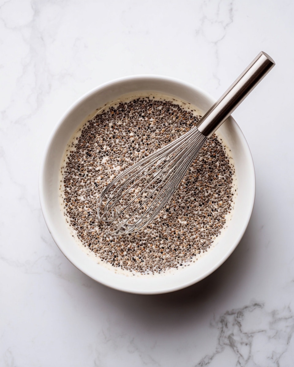 A white bowl filled with a light creamy liquid mixed evenly with many small black and brown chia seeds. A shiny metal whisk rests inside the bowl, partially submerged in the liquid, with its handle angled upwards toward the top right corner. The bowl is placed on a white marbled surface that has soft grey veins and a smooth texture. The scene is bright and minimalist. photo taken with an iphone --ar 4:5 --v 7