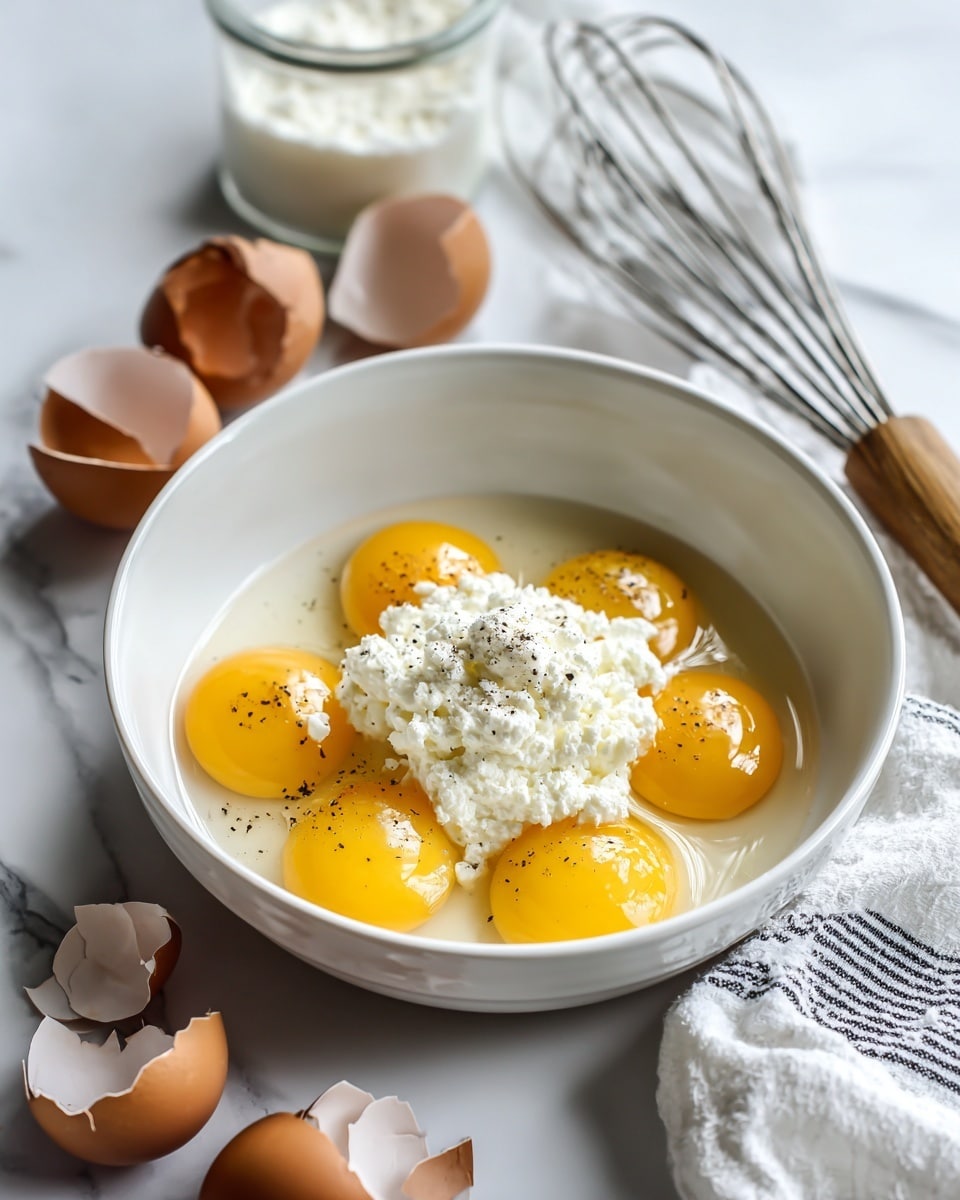 A white bowl filled with five raw eggs, their bright yellow yolks surrounded by clear egg whites. In the center of the bowl, there is a dollop of white cottage cheese topped with a sprinkle of cracked black pepper. Around the bowl, on a white marbled surface, there are broken brown eggshells and a glass jar with white contents in the background, along with a whisk with a wooden handle resting to the right side. A white cloth with black stripes is partially visible on the left side. photo taken with an iphone --ar 4:5 --v 7