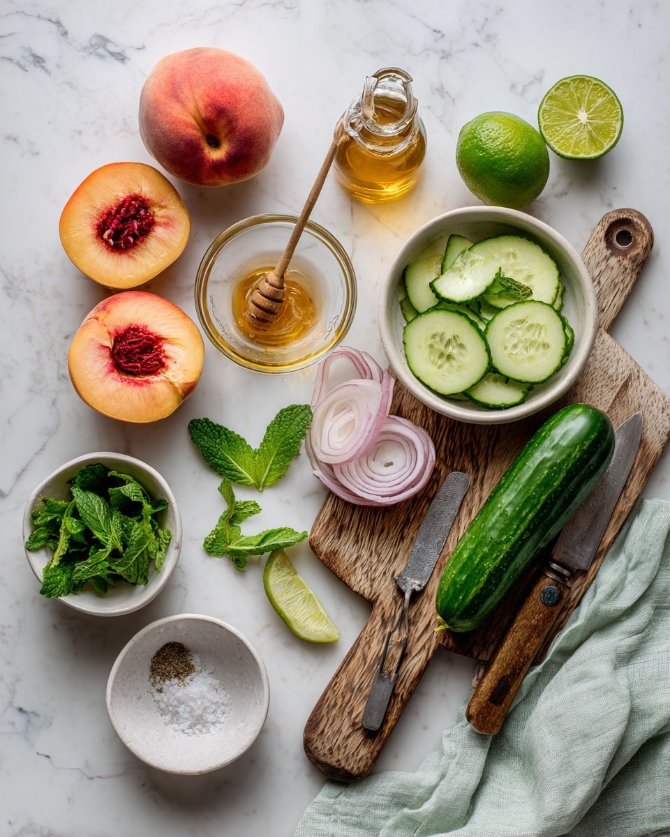 A black cutting board with a ridged texture sits on a white marbled surface, holding several fresh ingredients. On the board, there are sliced orange peach pieces spread out in the lower left area, thin white rings of shallot next to a quartered pink shallot near the top center, and thin green cucumber slices slightly overlapping on the right side. Two halves of a green lime are placed on the upper left corner, and a small bunch of dark green mint leaves rests near the cucumbers. A black plastic mandoline slicer with a shiny silver blade is angled on the right side of the board. The scene is lit softly, showing water droplets glistening faintly on the board. Photo taken with an iphone --ar 4:5 --v 7