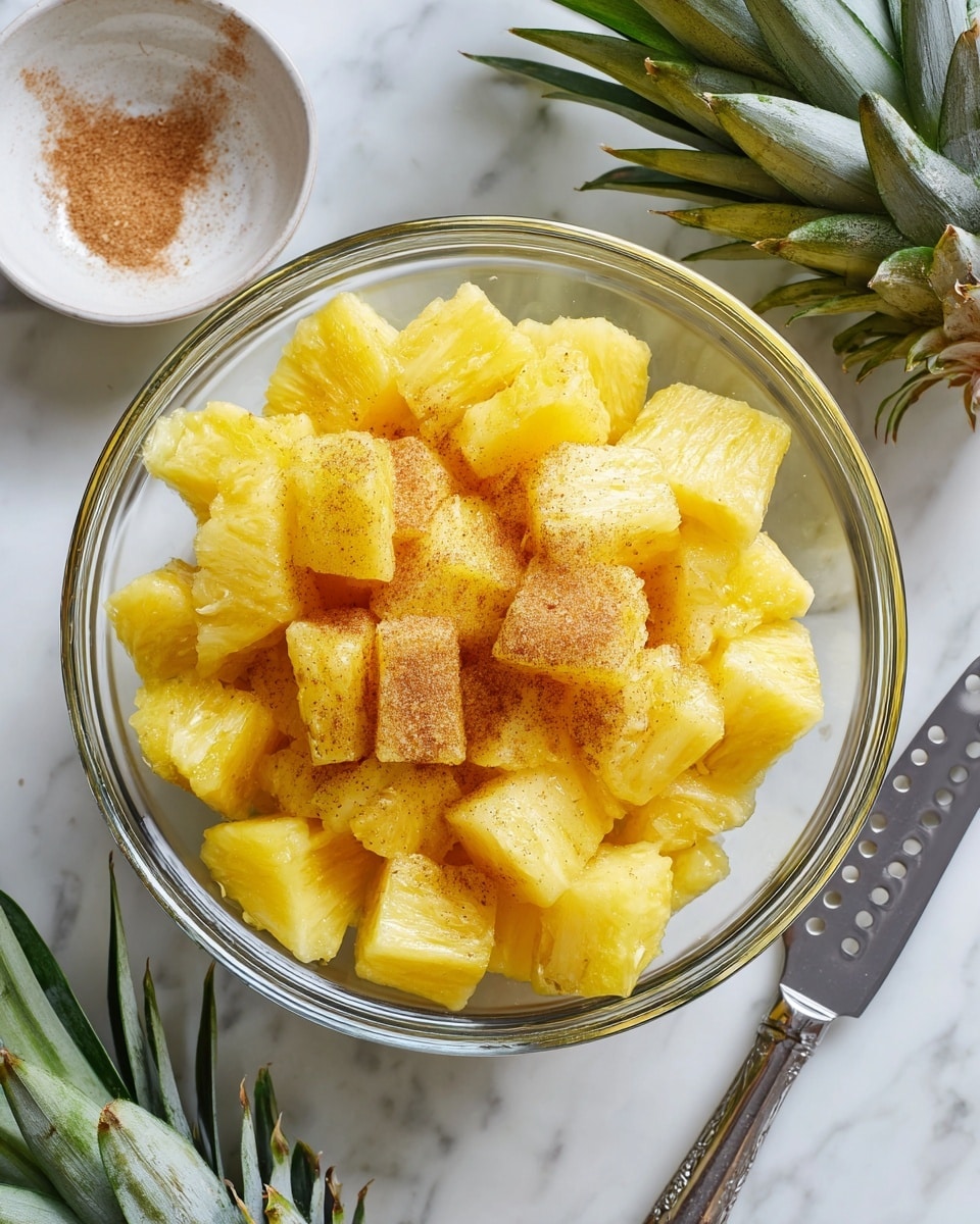 A clear glass bowl filled with two layers of pineapple chunks; the bottom layer has bright yellow pieces with a juicy texture, and the top layer is sprinkled with a light brown powder, likely cinnamon, giving a slightly grainy look on the fruit. The bowl is placed on a white marbled surface. Nearby, there is a white small bowl with some brown residue, part of a pineapple top with green leaves, and a large silver knife with holes along the edge, positioned to the right of the bowl. The overall scene is bright and fresh. photo taken with an iphone --ar 4:5 --v 7