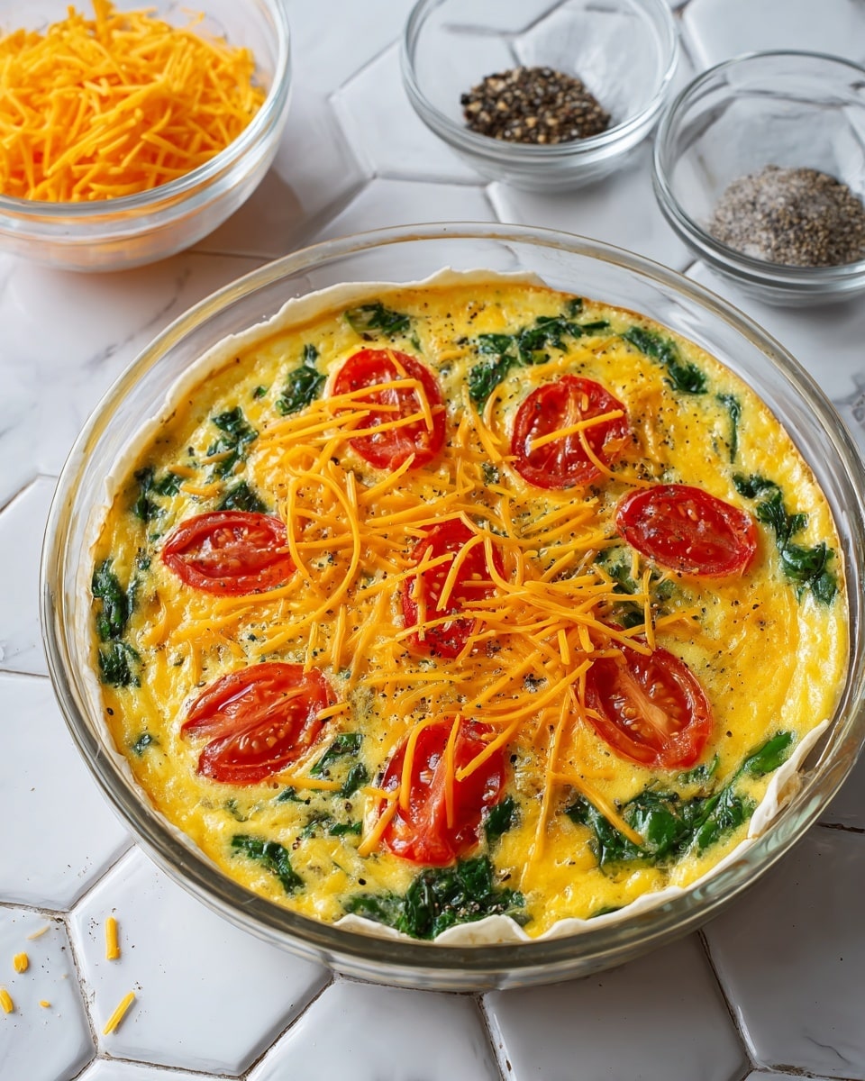 A round quiche with a golden brown crust forms the base, filled with a vibrant yellow egg mixture. Inside the quiche, there are bright red tomato slices and green leafy spinach pieces scattered evenly through the cooked egg layer. The top layer is covered with melted orange cheddar cheese with some small browned spots, and a light sprinkle of black pepper adds texture. Four large triangular slices show the filling clearly. The quiche sits on a clear glass plate, placed on a white marbled hexagonal tiled surface. Nearby, a wooden-handled knife rests to the right and a yellow cloth is at the bottom left corner. A few fresh green basil leaves and a small bowl of spinach sit in the background. photo taken with an iphone --ar 4:5 --v 7