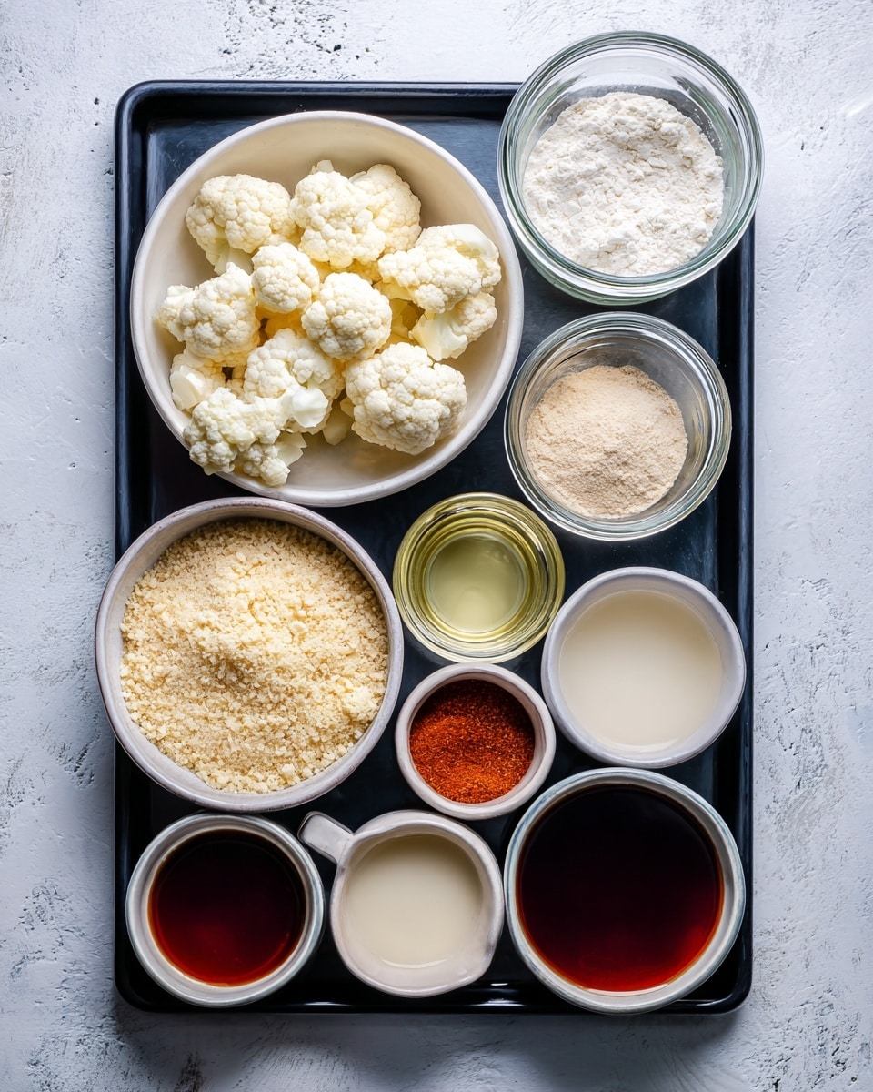 A black baking tray holds a collection of small white bowls and clear glass jars arranged neatly on a white marbled surface. The largest white bowl is filled with raw cauliflower florets, showing their bumpy white texture. Nearby, a white bowl contains fine white flour, and another white bowl holds a coarse golden breadcrumb mixture. A small clear glass cup shows a pale yellow liquid, likely oil. Surrounding these are several smaller white bowls filled with various liquids and pastes in shades of dark red, light brown, reddish-orange, and white colors. Two larger clear glass jars contain white and pale beige liquids, while two empty clear glass jars sit side by side. A very small clear glass bowl holds a light tan powder next to the cauliflower bowl. The array of ingredients creates a clean, organized look with a mix of smooth, powdery, and chunky textures. photo taken with an iphone --ar 4:5 --v 7