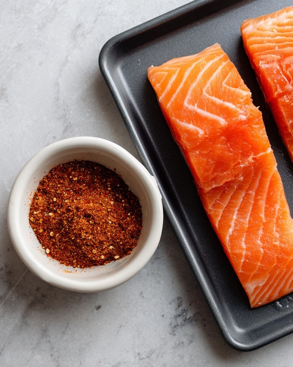 The image shows two separate parts: on the left, a small white bowl filled with a finely ground reddish-brown spice mix with specks of lighter and darker shades, placed on a white marbled surface. On the right, two rectangular pieces of fresh raw salmon with shiny, smooth, bright orange flesh, and visible white fat lines are placed side by side on a dark gray baking sheet, also set on a white marbled surface. photo taken with an iphone --ar 4:5 --v 7