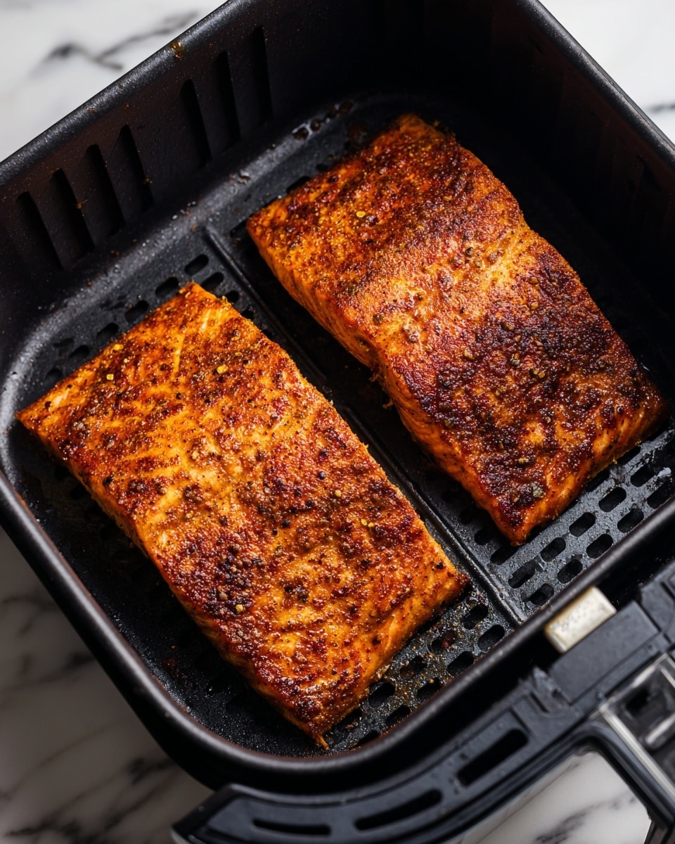 The image shows two pieces of cooked salmon with dark, crispy skin placed inside a black air fryer basket. The left side shows the salmon before cooking, with a dry, seasoned surface and a reddish-brown color with visible seasoning texture. On the right side, the cooked salmon has a rich, deep brown and slightly charred skin with a shiny, slightly oily surface, highlighting the cooked texture. The air fryer basket itself is black with a perforated bottom, sitting on a white marbled surface. photo taken with an iphone --ar 4:5 --v 7