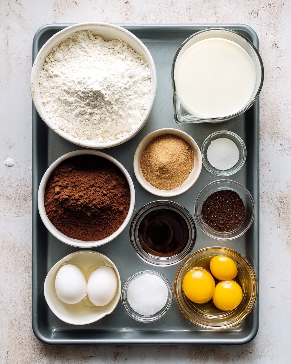 The image shows a dark gray baking tray on a white marbled surface holding various clear and white bowls with baking ingredients. In the top left corner, a large white bowl is filled with white flour. Below it, a tall clear glass holds white milk. Next to the milk is a clear bowl filled with white sugar. In the center, a medium white bowl contains dark brown cocoa powder. To the right of the cocoa, a small clear bowl holds light brown brown sugar. Above the brown sugar, a small white bowl contains a small amount of dark brown coffee or cocoa powder. Between these bowls, a tiny clear bowl has white baking powder or salt. Below the brown sugar, a small white bowl contains dark brown vanilla extract, next to a small clear glass with golden honey or syrup. At the bottom right, a wide clear glass shows three cracked eggs with visible yellow yolks and clear whites. The ingredients are neatly arranged with varied textures and colors mainly in shades of white, brown, and clear glass, all on the baking tray. Photo taken with an iphone --ar 4:5 --v 7