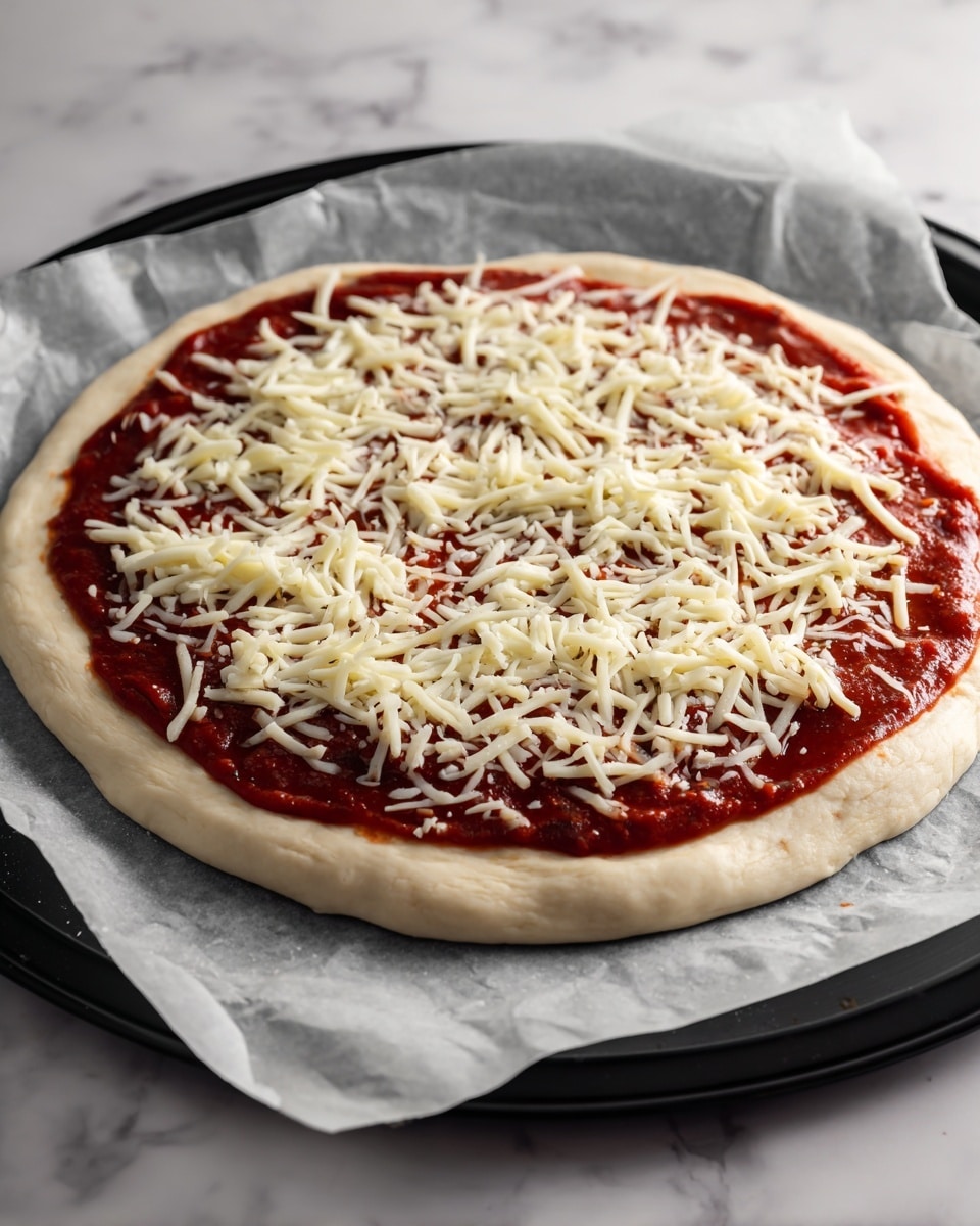The image shows an uncooked pizza on a round piece of white parchment paper, resting on a black round tray. The pizza has one main layer of light beige dough, topped with a smooth layer of deep red tomato sauce spread evenly and almost reaching the edges, covered by a generous layer of shredded white mozzarella cheese scattered across the surface. The setup is on a white marbled texture background. photo taken with an iphone --ar 4:5 --v 7