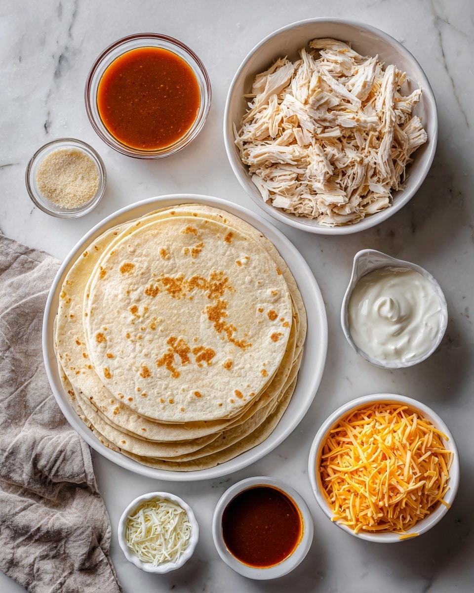 There is a clear glass bowl on the left filled with shredded orange-coated chicken mixed with sauce, and a wooden spoon resting inside the bowl. On the right, a white tortilla lies flat on a white marbled surface, topped with a line of shredded orange cheese and some of the shredded chicken mixture in the center. The scene shows the preparation stage before rolling the tortilla. Photo taken with an iphone --ar 4:5 --v 7