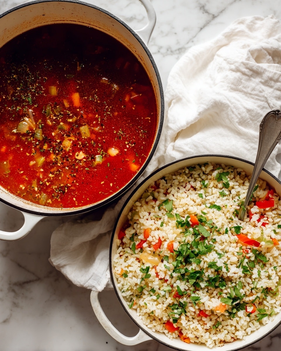 The image shows two top-down views of a white pot with black rim handles on a white marbled surface. On the left, the pot contains a deep red tomato-based soup with small chunks of light-colored vegetables and a sprinkling of black pepper or seasoning floating on top. On the right, the pot holds cooked rice mixed with finely chopped vegetables, including red bell peppers, and garnished with fresh green herbs scattered on top. A silver spoon rests inside the rice on the right side. A white cloth is partially visible under the pot on the right. Photo taken with an iphone --ar 4:5 --v 7