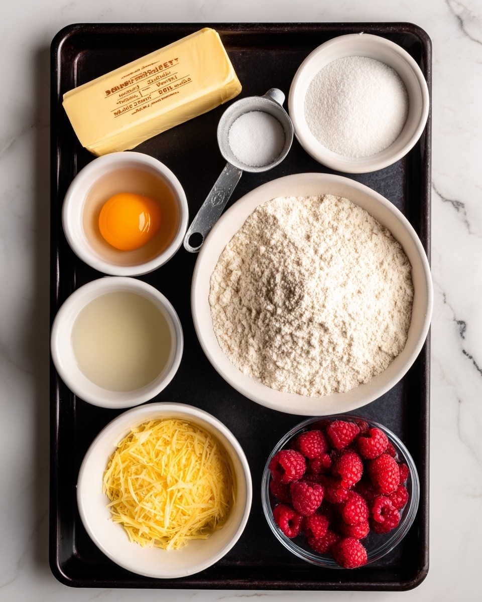 The image shows a black baking tray with nine different ingredients neatly placed on it, all set on a white marbled surface. In the center is a white bowl filled with light beige flour with a rough, powdery texture. To its top right, a silver measuring cup holds fine, light beige sugar. At the top left, there is a rectangular yellow stick of butter with printed text on the wrapper. Below the butter, a small white bowl holds a single bright orange egg yolk. Directly beneath that, another white bowl contains a clear, pale yellow liquid. Next to it, a small white bowl is filled with white powder, likely baking powder. On the bottom left, a small glass container holds dark brown vanilla extract. Next to it, a small round white bowl contains white salt. To the bottom right of the flour bowl, a small white bowl holds bright yellow lemon zest with a rough, shredded texture, and next to it is a clear glass bowl filled with fresh, deep red raspberries. The photo is taken with an iphone --ar 4:5 --v 7