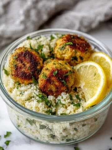 Chicken Meatballs with Lemon Sriracha Sauce and Cauliflower Rice Recipe