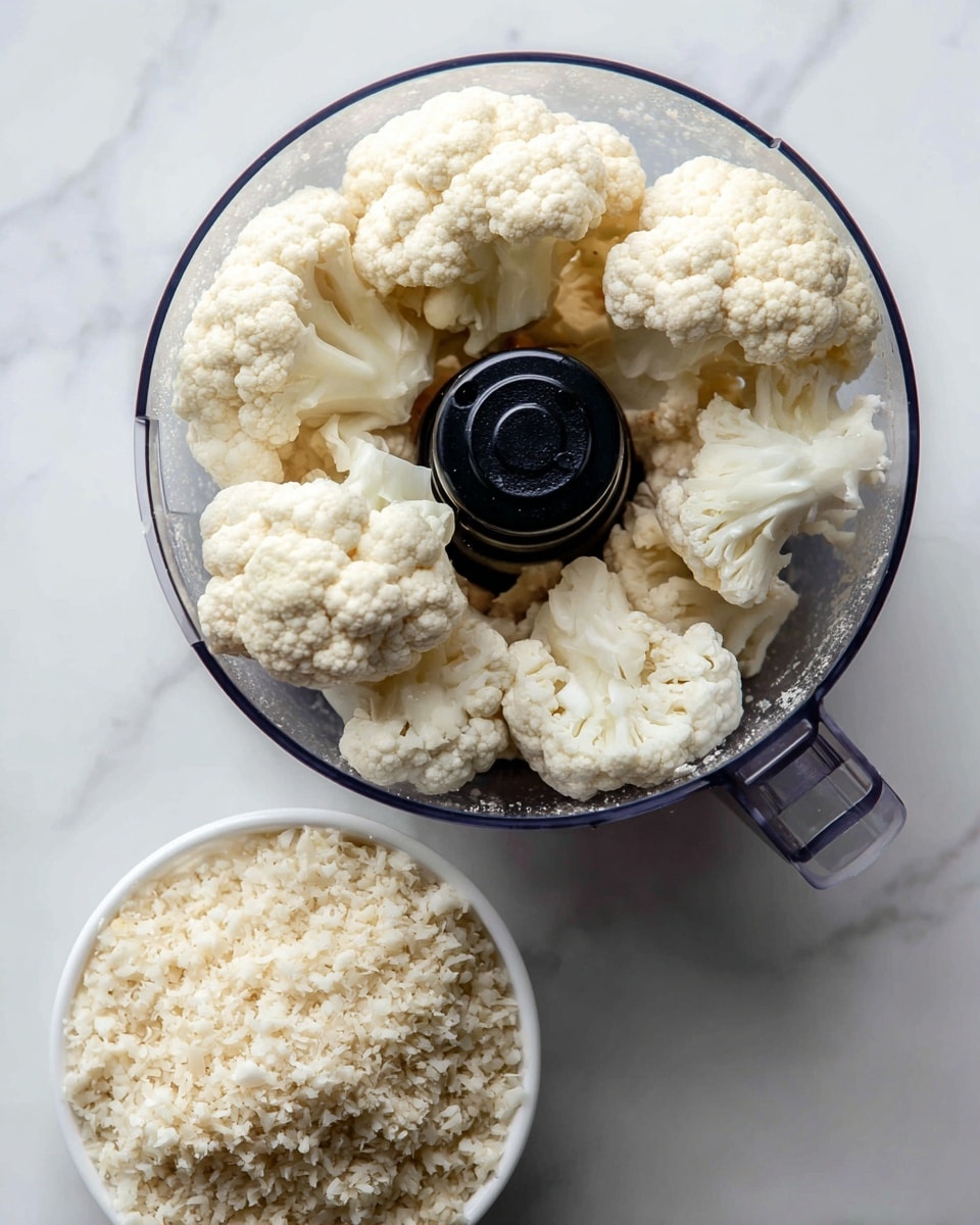 A clear food processor bowl filled with large white cauliflower florets resting around the black blade in the center on a white marbled surface, and next to it, the same bowl with the cauliflower chopped into small rice-like pieces showing a uniform pale cream color and crumbly texture around the black blade, photo taken with an iphone --ar 4:5 --v 7