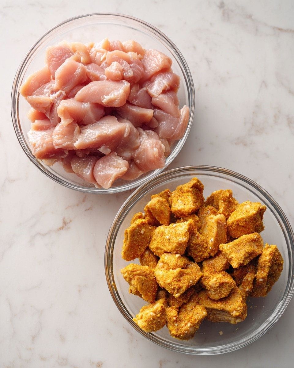 Two clear glass bowls are placed on a white marbled surface, each filled with raw chicken pieces. The bowl on the left shows the chicken cut into small, light pink cubes with a smooth texture. The bowl on the right contains similar chicken pieces but coated evenly with a yellow-orange spice mix, giving the chicken a rough and textured look. The spice mix adds some visible small bits and a slightly darker tone to the chicken chunks. Photo taken with an iphone --ar 4:5 --v 7