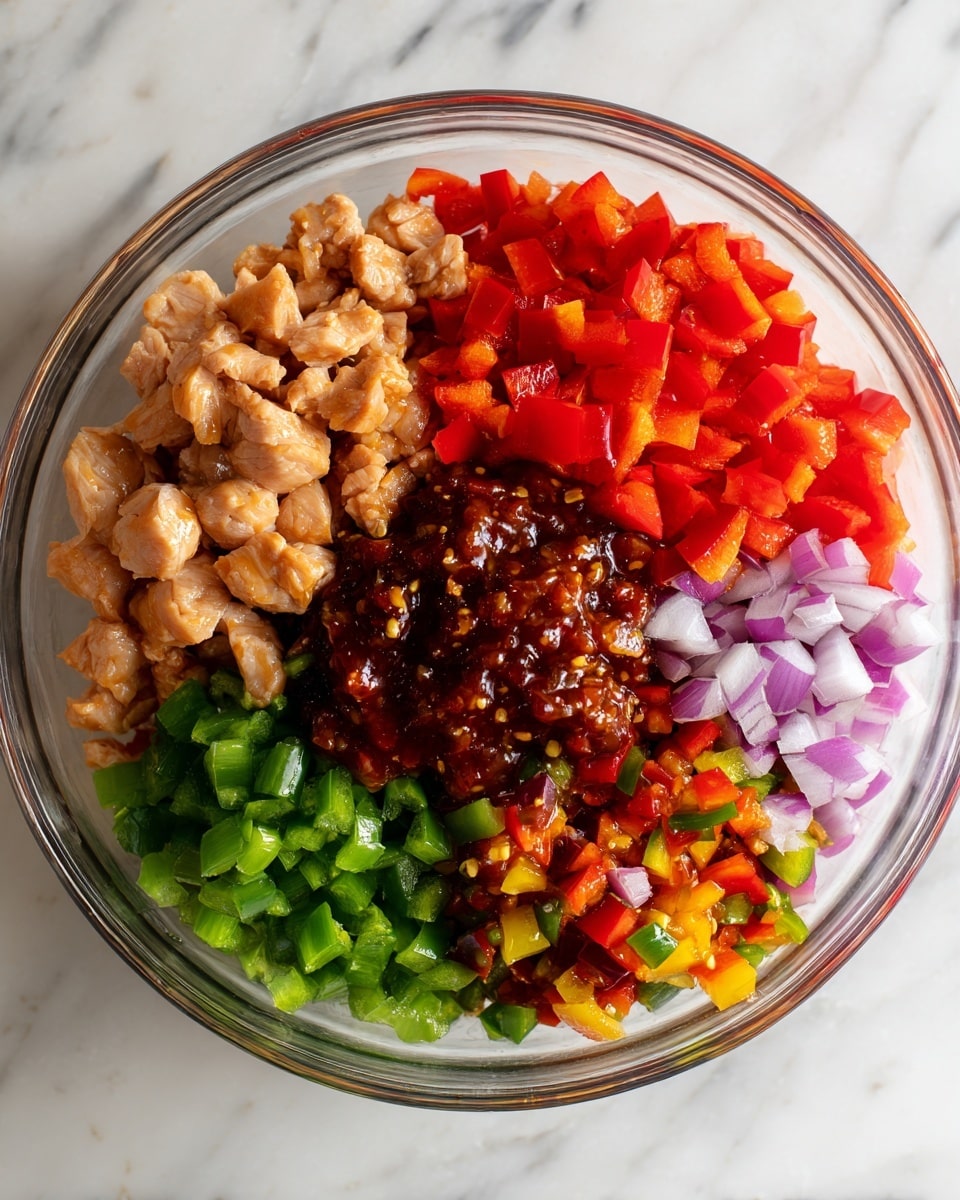 A white bowl filled with a colorful stir-fry dish, showing chunks of golden-brown cooked chicken mixed with bright red and green bell pepper pieces, translucent cooked onions, and small yellow pineapple chunks. The food is sprinkled with white sesame seeds and fresh green parsley leaves scattered on top. On one side, there are two bright green lime wedges resting on the chicken. A silver spoon is placed inside the bowl, ready to serve. The bowl sits on a white marbled surface with some green parsley leaves nearby. Photo taken with an iphone --ar 4:5 --v 7