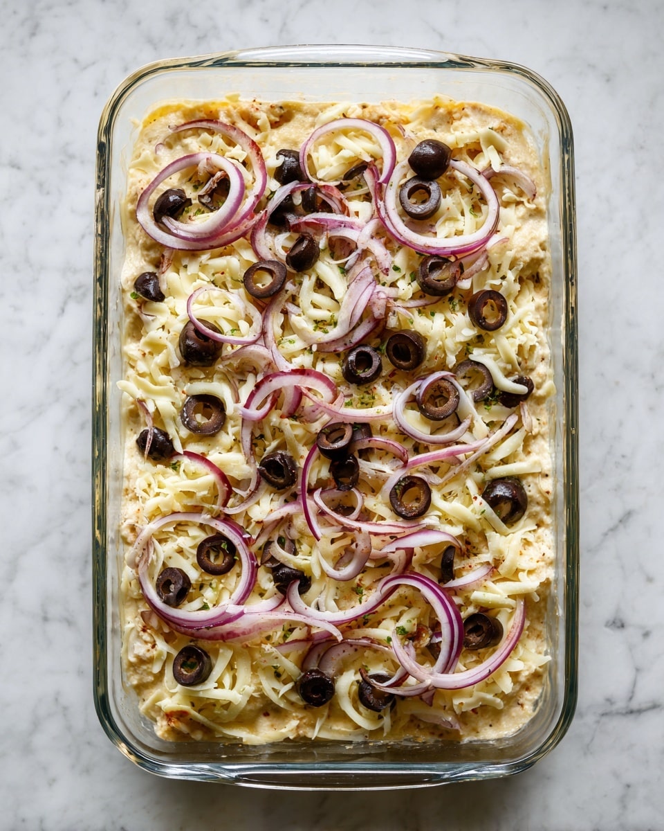 The dish is shown in a clear glass rectangular baking dish placed on a white marbled surface. It has two visible layers. The bottom layer is a beige, slightly rough textured base spread evenly throughout the dish. On top of this base are two different toppings in each image: the first image shows scattered small black olive slices and several large curly slices of red onion arranged across the surface. The second image has the same base and toppings but covered with a thick layer of shredded pale yellow cheese, spread evenly yet loosely over the olives and onions. Photo taken with an iphone --ar 4:5 --v 7