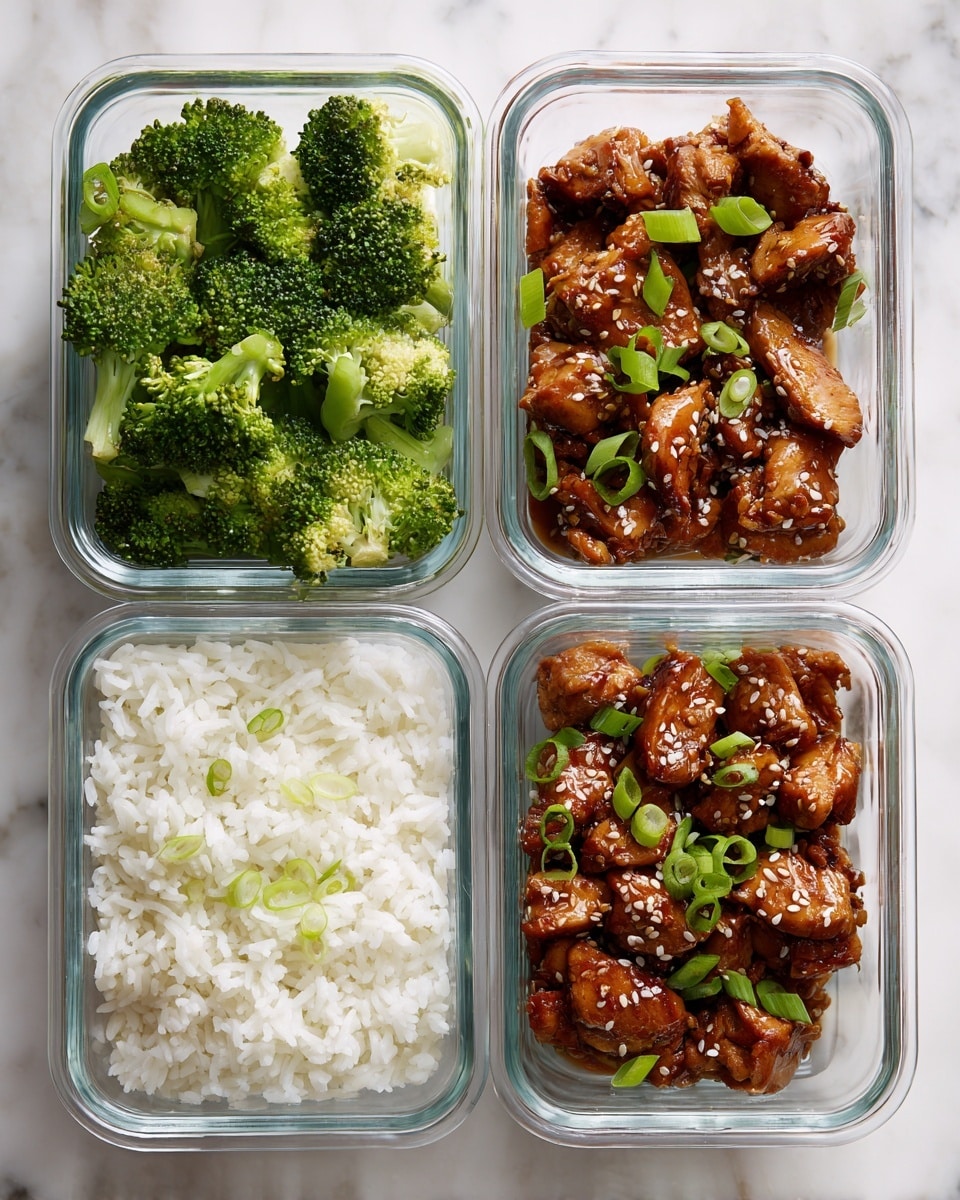 The image shows two parts: on the left, a white pot filled with bright green broccoli florets steaming in hot water, with the broccoli pieces floating close together and some leaves beneath; on the right, a white marbled surface holds a glass meal container. Inside the container, there are three layers: fluffy white rice in the back corner, tender steamed broccoli florets next to the rice, and in the foreground, several pieces of cooked chicken covered in a shiny dark sauce sprinkled with small sesame seeds and chopped green onion. The chicken pieces are bite-sized and have a rich brown color that contrasts with the green broccoli and white rice. Photo taken with an iphone --ar 4:5 --v 7