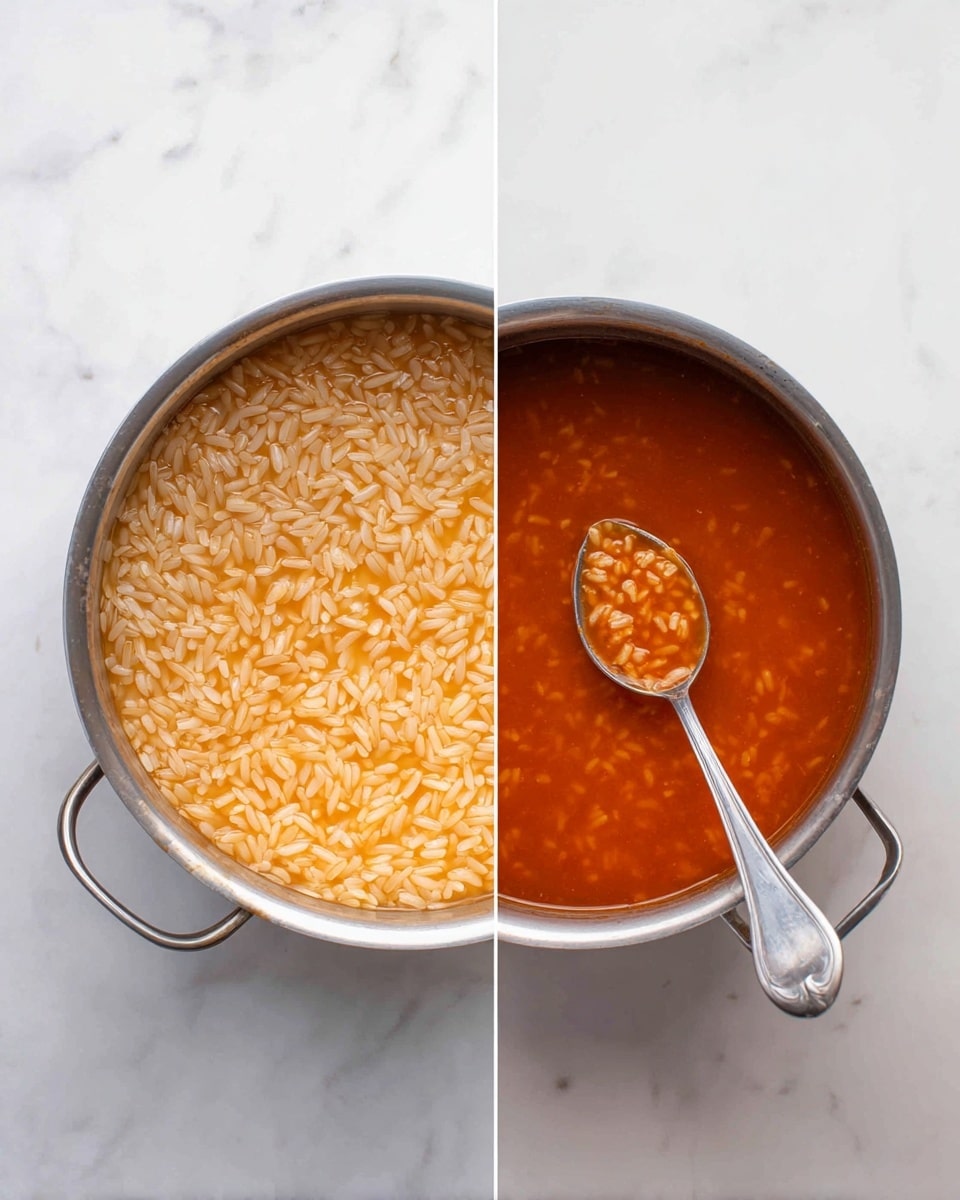 The image on the left shows a metal pot filled with uncooked rice submerged in an orange-colored liquid, with the rice grains clearly visible and the surface shimmering. The image on the right shows the same metal pot with the rice after cooking, now fully swollen and mixed with the liquid, creating a reddish-brown soft and slightly sticky texture; a silver spoon is inside the pot scooping some of the cooked rice. Both images are captured on a white marbled surface. Photo taken with an iphone --ar 4:5 --v 7