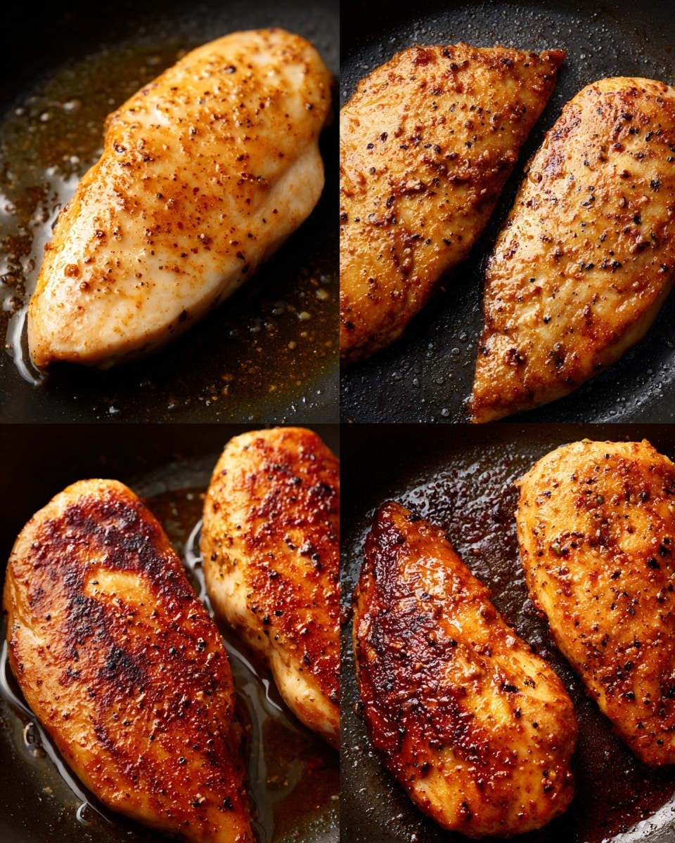 Four pieces of raw chicken with a light brown spice coating lie in a black pan with some oil. The chicken pieces are spaced apart, showing a smooth, slightly shiny texture with seasoning visible on the surface. In the next image, the same four pieces of chicken are cooked in the same black pan, now showing a dark golden brown, crispy surface with charred spots. The cooked chicken looks juicy and has a richer brown color with a slightly rough texture on the outside, all sitting in some oil. photo taken with an iphone --ar 4:5 --v 7