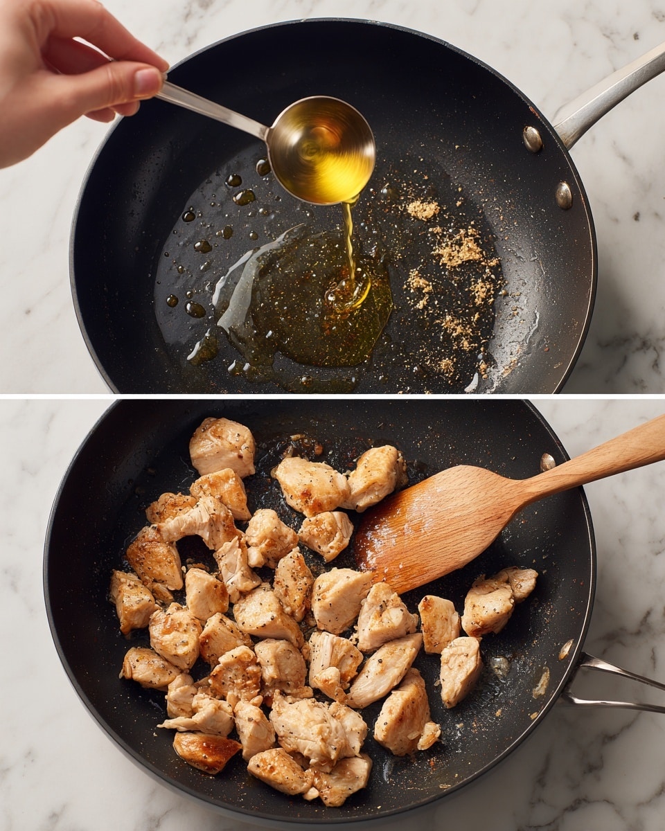 The image shows two close-up shots side by side. On the left, there is a clear glass bowl filled with a dark brown sauce mixed with many light tan sesame seeds and small pieces of a light yellow solid ingredient. A metal spoon is resting inside the bowl. On the right, there is a black pan with several bright green broccoli florets inside, some showing the cut stems. A glass lid is partially covering the broccoli. The background is a white marbled texture. photo taken with an iphone --ar 4:5 --v 7