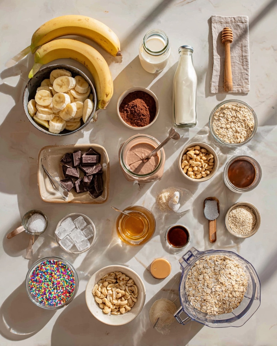 The image shows three stages of making a chocolate smoothie side by side. The first stage is a blender cup with chunks of bananas, ice cubes, peanut butter, and brown powder on a white marbled surface. The second stage shows the blender cup filled with a smooth light brown mixture of the ingredients. The third stage is a clear round glass filled with the finished light brown smoothie topped with small chocolate shavings on the white marbled surface. Photo taken with an iphone --ar 4:5 --v 7