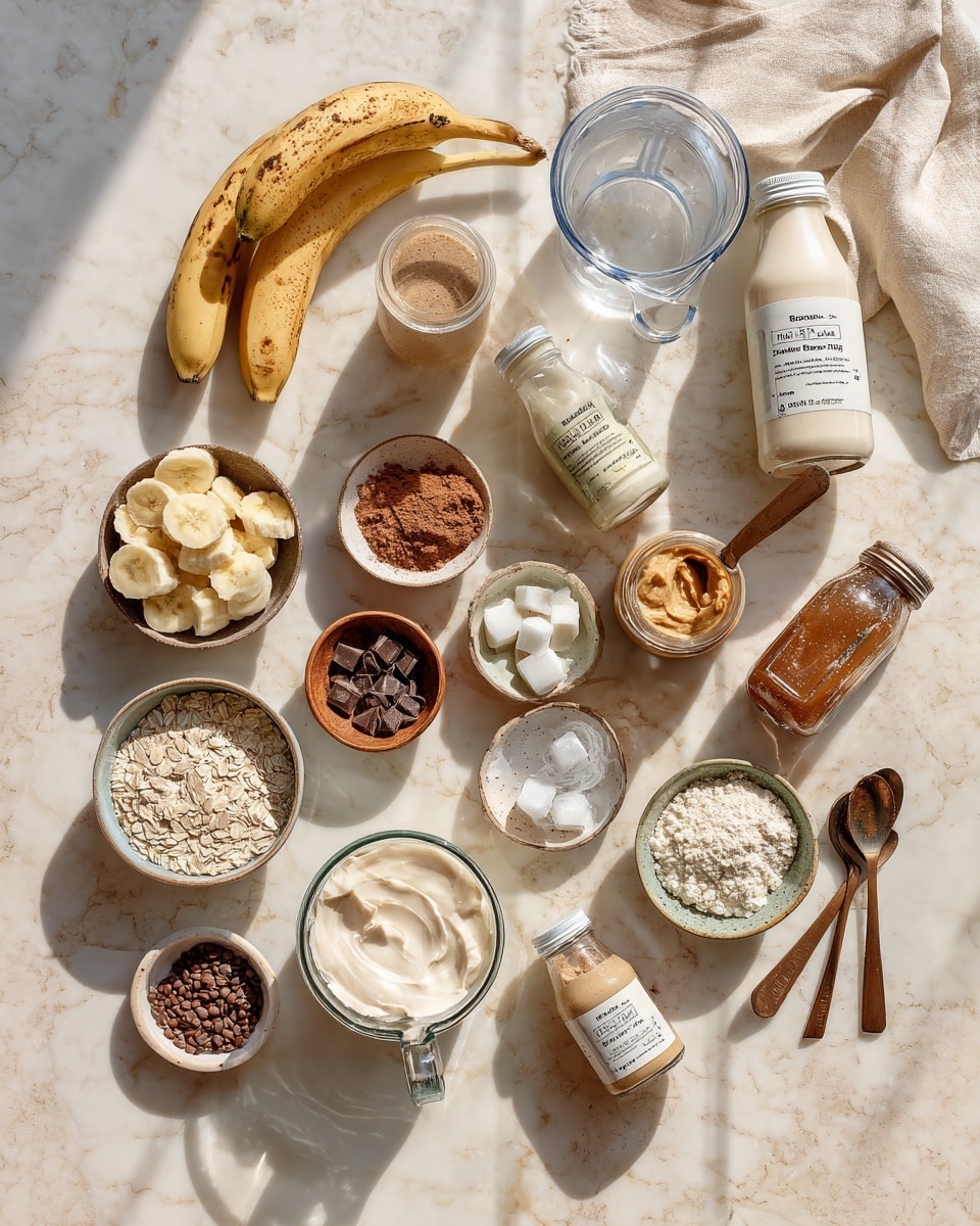 The first part of the image shows a clear blender jar on a white marbled surface, filled with several ingredients: chunks of pale banana, white ice cubes, a scoop of light beige powder, and a small piece of brown cinnamon stick. In the second part, the blender jar is full of a light creamy beige liquid with small bubbles on the surface, showing the ingredients fully mixed. The last part displays a short, clear glass cup filled to the top with a smooth, creamy beige drink, being poured from a container above. Photo taken with an iphone --ar 4:5 --v 7