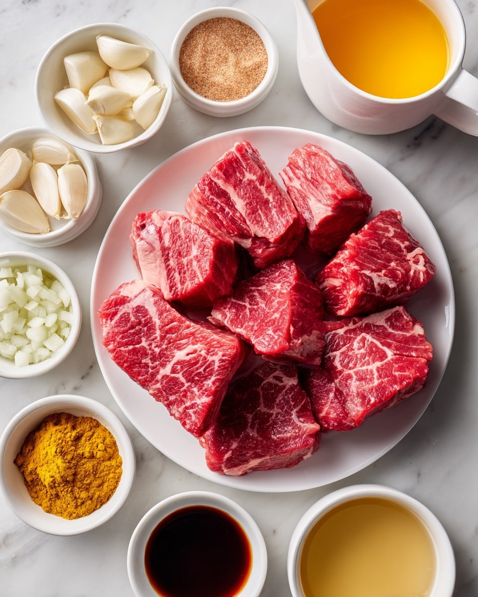 A white plate holds several thick pieces of raw red meat with visible marbling, placed on a white marbled surface. Surrounding the plate are small white bowls with different ingredients: peeled garlic cloves, chopped onions, and minced fresh ginger and turmeric in a smaller bowl. There is a small bowl of brown sugar, a bowl with a light yellow liquid, a small bowl with soy sauce, and a bowl with a dark brown liquid. A white pitcher holds a yellow-orange liquid, likely juice. The colors of the ingredients range from red meat, white garlic, and onions to yellow turmeric and golden brown sugar, all arranged in a neat, clean setting. photo taken with an iphone --ar 4:5 --v 7