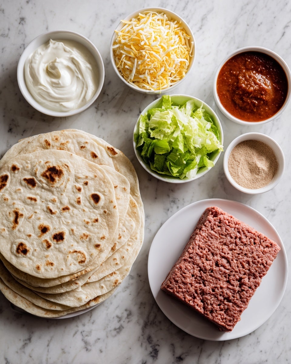 The image shows several ingredients arranged on a white marbled surface. There is a stack of light tan tortillas with brown spots on a white plate on the left side. Next to it, on the right, is a rectangular block of fresh ground beef with a textured surface, placed on another white plate. Above the tortillas and beef, there are four small white bowls; one holds shredded yellow and white cheese, another has chopped green lettuce, the third contains plain white sour cream with soft swirls on top, and the last two hold reddish sauce and light brown powder, each with smooth and even textures. The colors contrast well against the clean marble background. Photo taken with an iphone --ar 4:5 --v 7