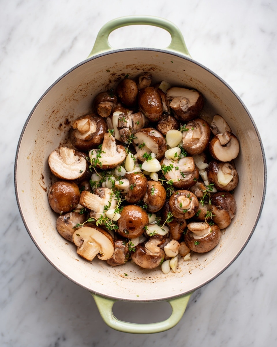The image shows a white pot with light green handles placed on a white marbled surface, filled with sliced mushrooms cooked with small bits of garlic scattered among them. The mushrooms are light and dark brown, arranged loosely across the bottom of the pot, with some pieces showing a slightly shiny, cooked texture. The pot’s interior is clean with some light brown cooking marks. photo taken with an iphone --ar 4:5 --v 7